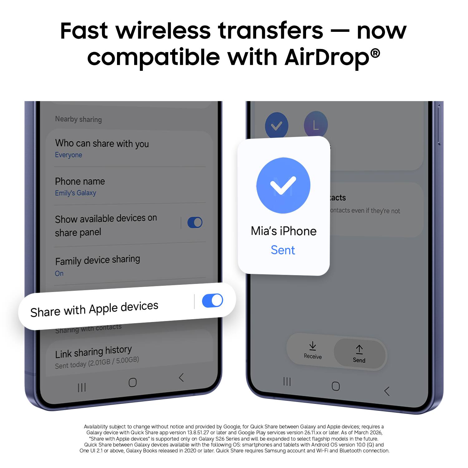 Fast wireless transfers — now compatible with AirDrop®

- Nearby sharing
  - Who can share with you: Everyone
  - Phone name: Emily's Galaxy
  - Show available devices on share panel
  - Family device sharing: On

- Share with Apple devices

- Link sharing history: Sent today (2.01GB / 5.00GB)

- Mia's iPhone
  - Sent

Availability subject to change without notice and provided by Google, for Quick Share between Galaxy and Apple devices, requires:
  - Galaxy device with Quick Share app version 1.85.127 or later
  - Google Play services version 26.11.xx or later

As of March 2026, "Share with Apple devices" is supported only on Galaxy 526 Series and will be expanded to select flagship models in the future.

Quick Share between Galaxy devices available with the following:
- OS: smartphones and tablets with Android OS version 10.0 (Q) and One UI 2.1 or above
- Galaxy Books released in 2020 or later

Quick Share requires Samsung account and Wi-Fi and Bluetooth connection.
