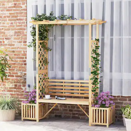 Front. Costway - Costway Patio Garden Bench Arbor Arch with Pergola Planting Box Side Trellis for Vines - Beige.