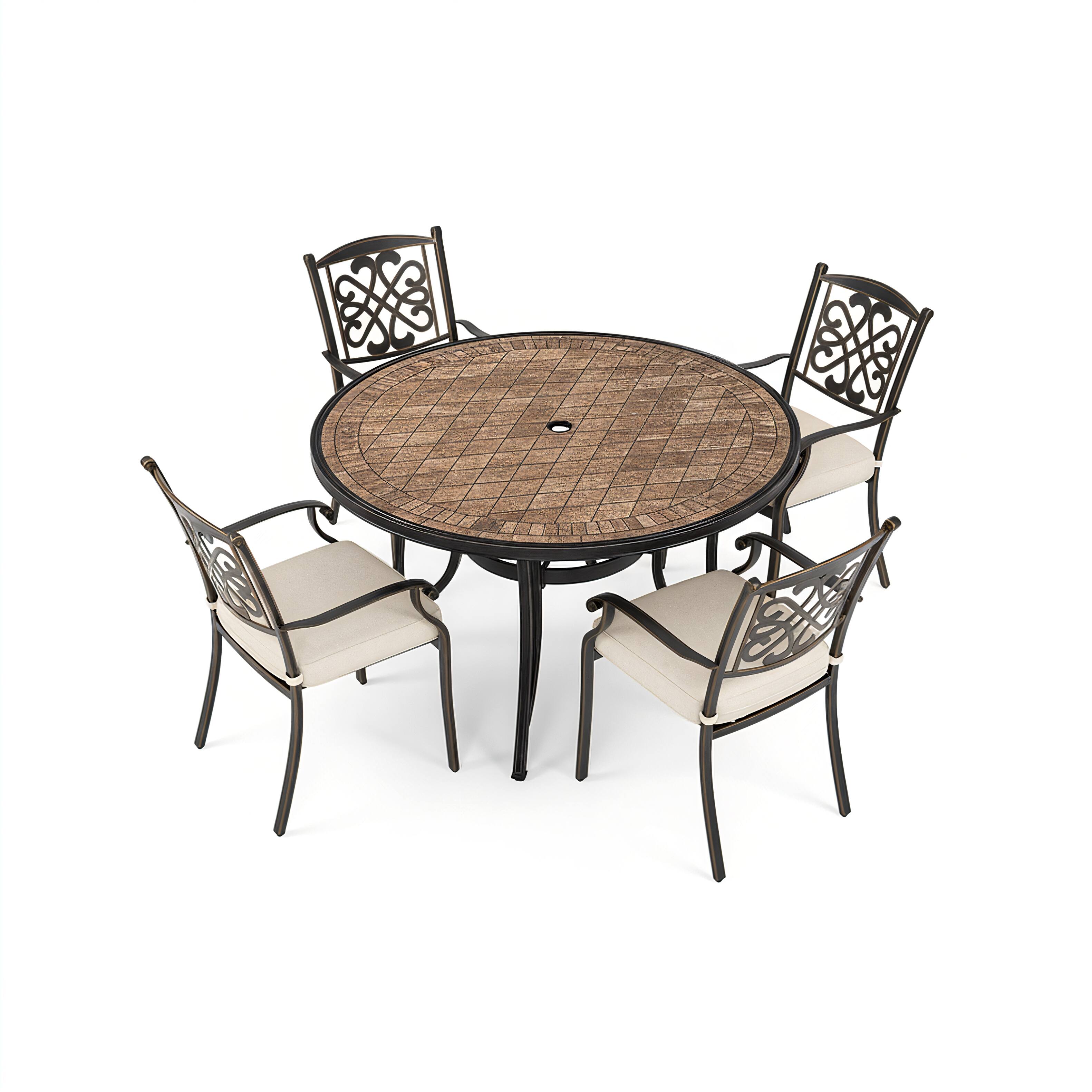 Mondawe - 5 Piece Outdoor Patio Dining Set with Round Umbrella Hole Table and Cast Aluminum Chairs with Cushions - Bronze+White