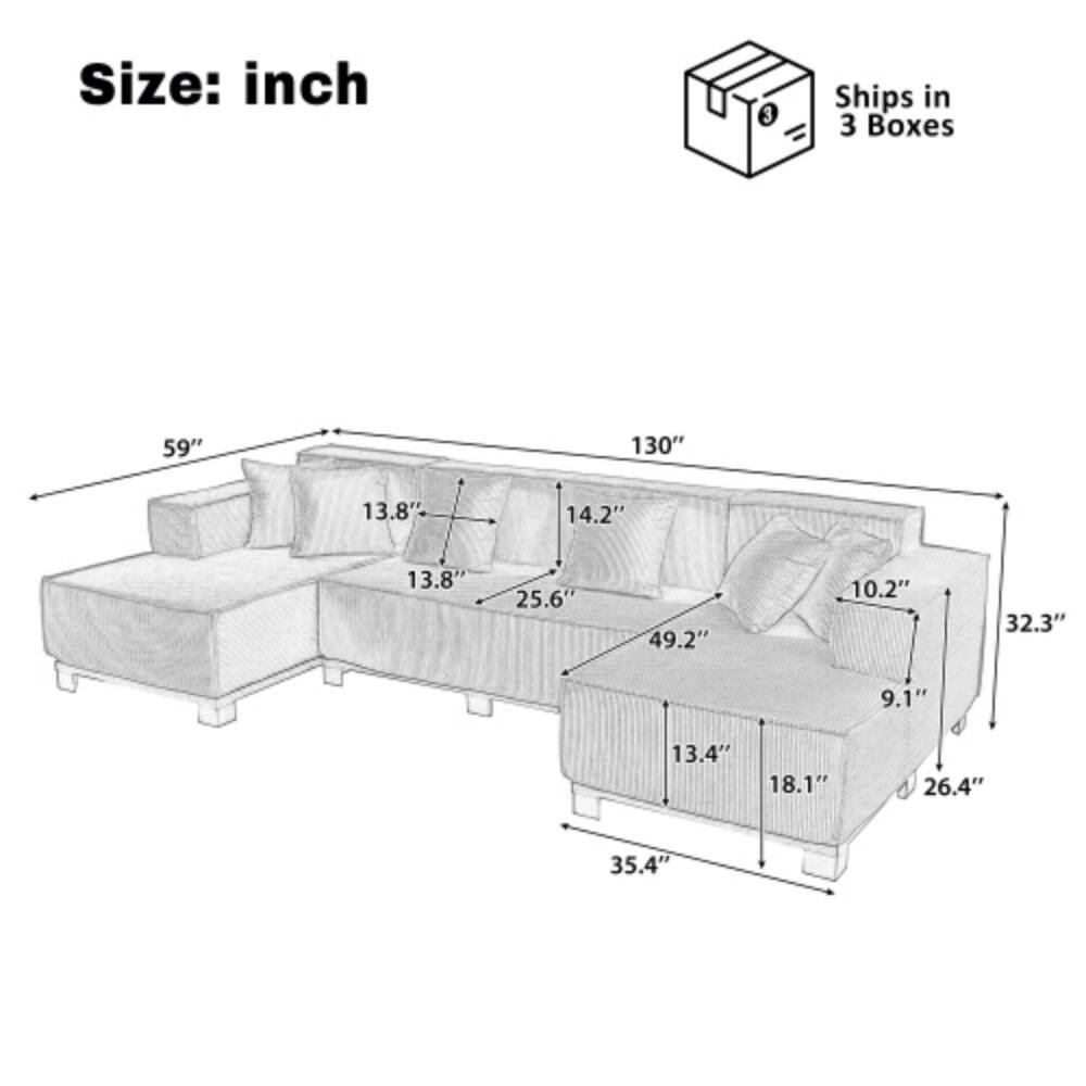 Size: inch  
Ships in 3 Boxes  
59" 130" 13.8" 14.2" 13.8" 25.6" 49.2" 10.2" 32.3" 9.1" 13.4" 18.1" 26.4" 35.4"