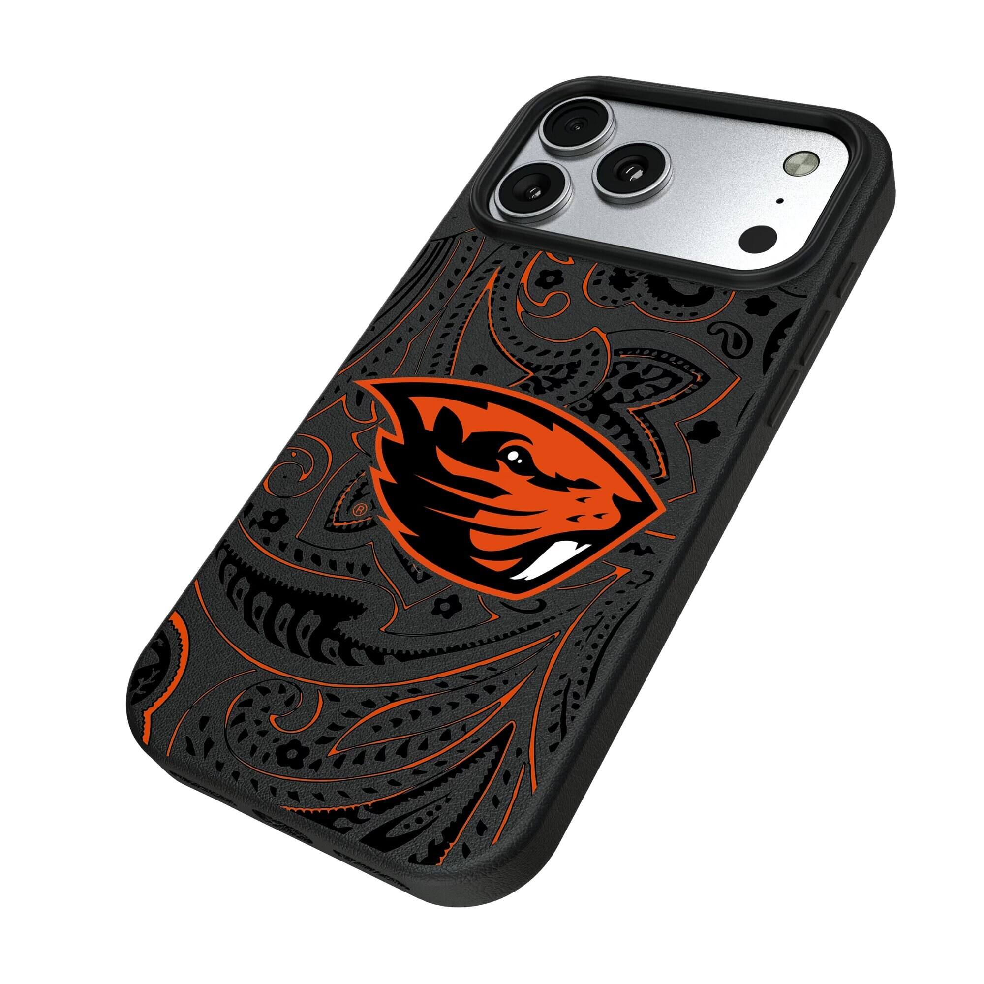 Alt View 1. Keyscaper - Oregon State Beavers Paisley iPhone Magnetic Bump Case - 17 Pro Max - Black.