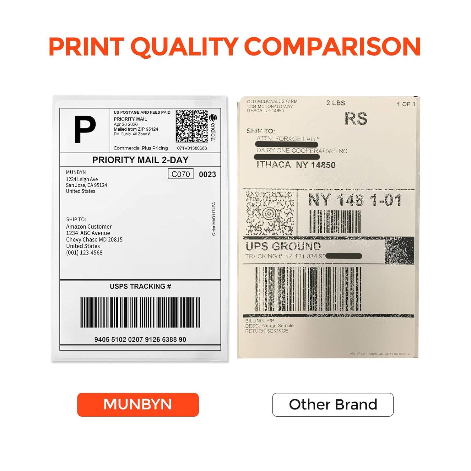**PRINT QUALITY COMPARISON**

**MUNBYN**

- US POSTAGE AND FEES PAID
- PRIORITY MAIL
- Mailed from ZIP 95124
- PM Cubic 40 Zone 8
- Commercial Plus Pricing
- 071V01380683
- PRIORITY MAIL 2-DAY
- C070 0023
- MUNBYN
- 1234 Leigh Ave
- San Jose, CA 95124
- United States
- SHIP TO:
- Amazon Customer
- 1234 ABC Avenue
- Chevy Chase MD 20815
- United States
- (001) 123-4568
- USPS TRACKING #
- 9405 5102 0207 9126 5388 90

**Other Brand**

- OLD MCDONALD FARM
- 1234 MCDONALD WAY
- ITHACA NY 14850
- 2 LBS
- 1 OF