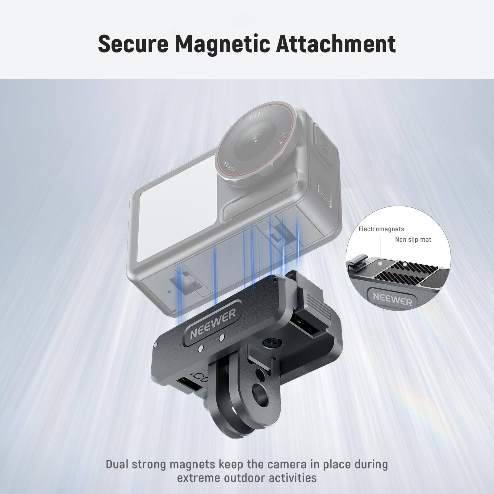 Secure Magnetic Attachment

F2.2 VI Electromagnets

NEEWER

NEEWER CU

Dual strong magnets keep the camera in place during extreme outdoor activities