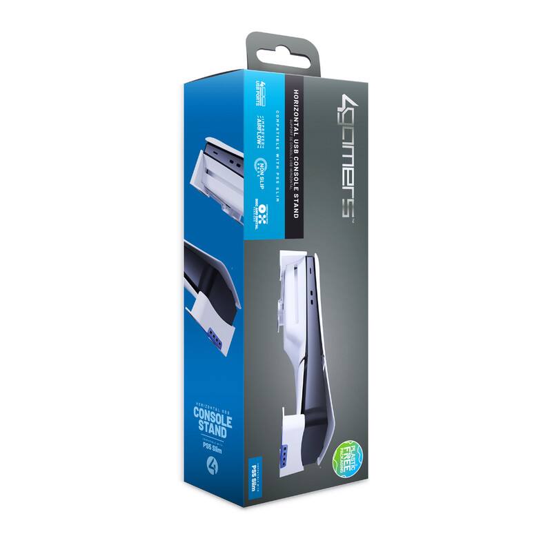 Sure, here is the corrected and grouped text from the image:

---

**ZGamers**

**HORIZONTAL USB CONSOLE STAND**

- COMPATIBLE WITH PS5, PS4, XBOX SERIES X/S, XBOX ONE
- NON-SLIP
- FREE PLASTIC STAND

**PROFESSIONAL USE CONSOLE STAND**

- PS5 Slim

**FREE PLASTIC STAND**

---

This text is organized to reflect the information on the packaging clearly.