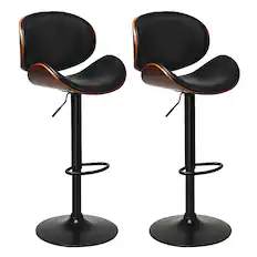 Front. Costway - Costway Set of 2 Bentwood Barstool Mid-Century Adjustable Swivel PU Leather Curved Back - as the picture shows.