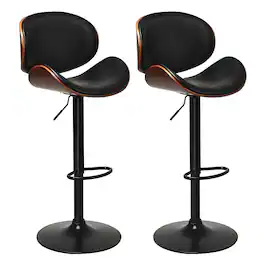 Costway - Set of 2 Bentwood Barstool Mid-Century Adjustable Swivel PU Leather Curved Back - Brown