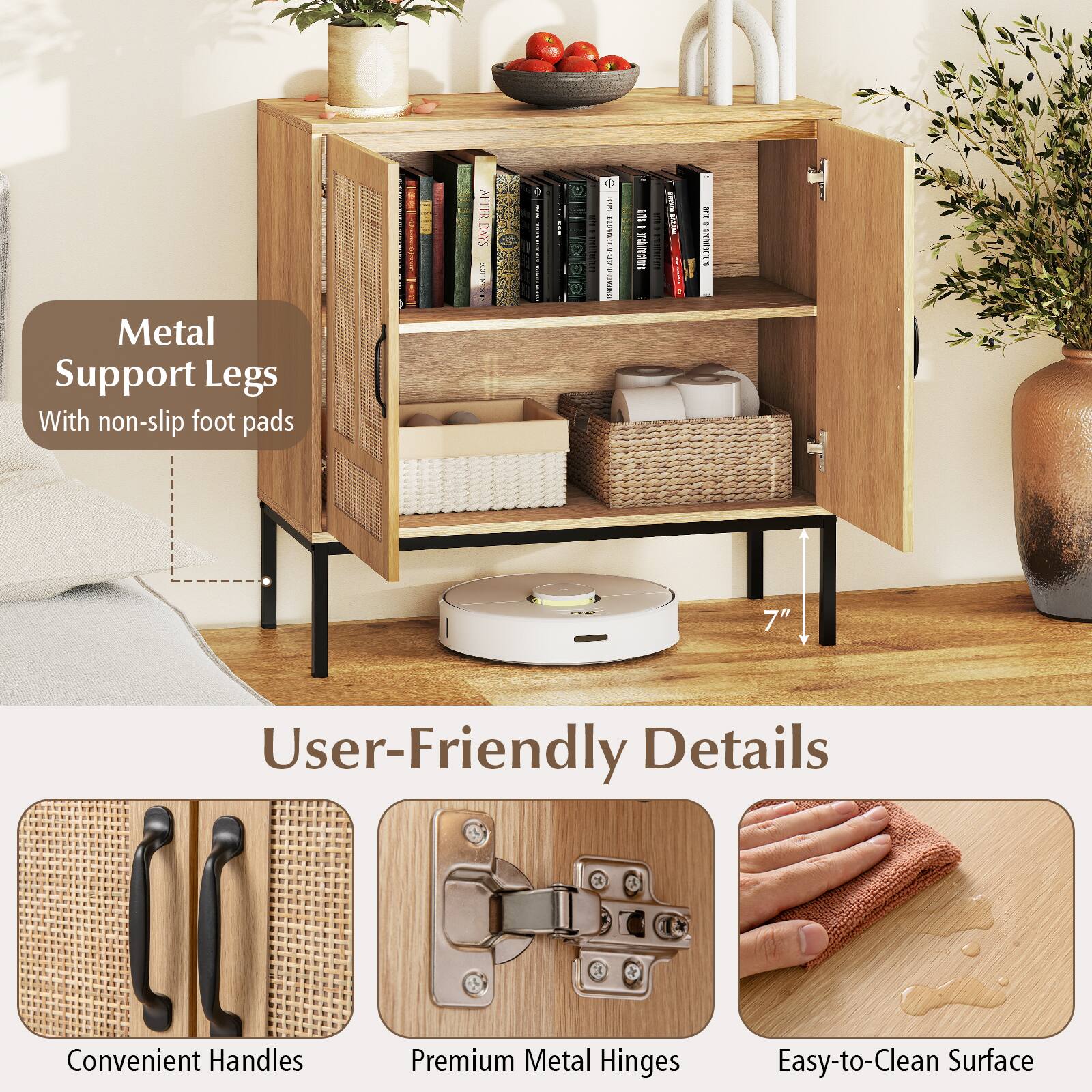 Metal Support Legs  
With non-slip foot pads

User-Friendly Details  
Convenient Handles  
Premium Metal Hinges  
Easy-to-Clean Surface