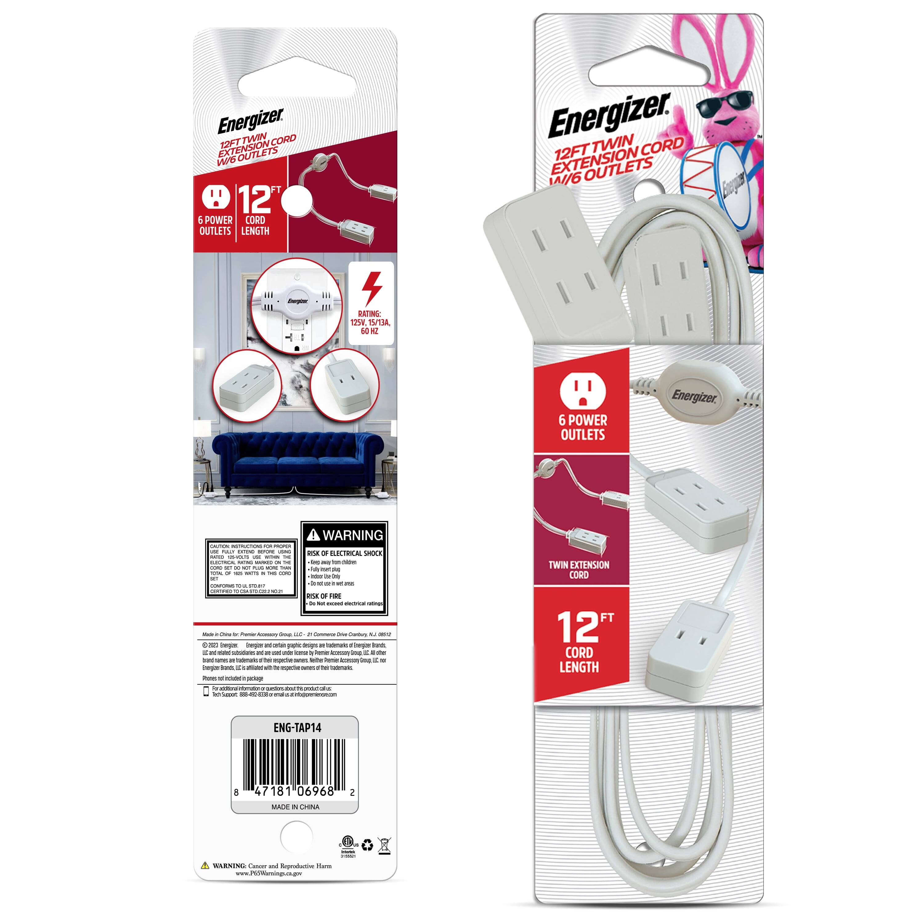 Energizer 12FT TWIN EXTENSION CORD W/6 OUTLETS  
12" 5 POWER CORD OUTLETS LENGTH  
Energizer. TWIN 12FT CORD EXTENSION CORD OUTLETS 1AI/6 - 4 DATING 12W 1  
6 POWER OUTLETS Energizer.  
WARNING: RISK OF ELECTRIC SHOCK  
RATING: 125V, 15/30A, 1500W  
ENG-TAP14  
47181 06968  
MADE IN CHINA  
www.Pmning.com