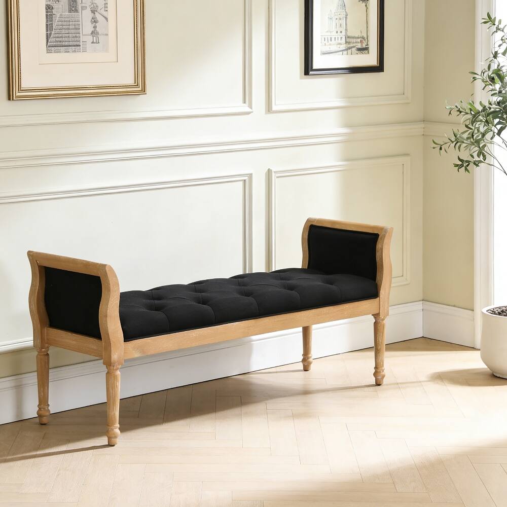 Left. Ropilly - Ropilly Modern Upholstered Entryway Bench, Charcoal Grey Fabric Seat with Natural Wood Frame and Curved Arms - Charcoal Grey.