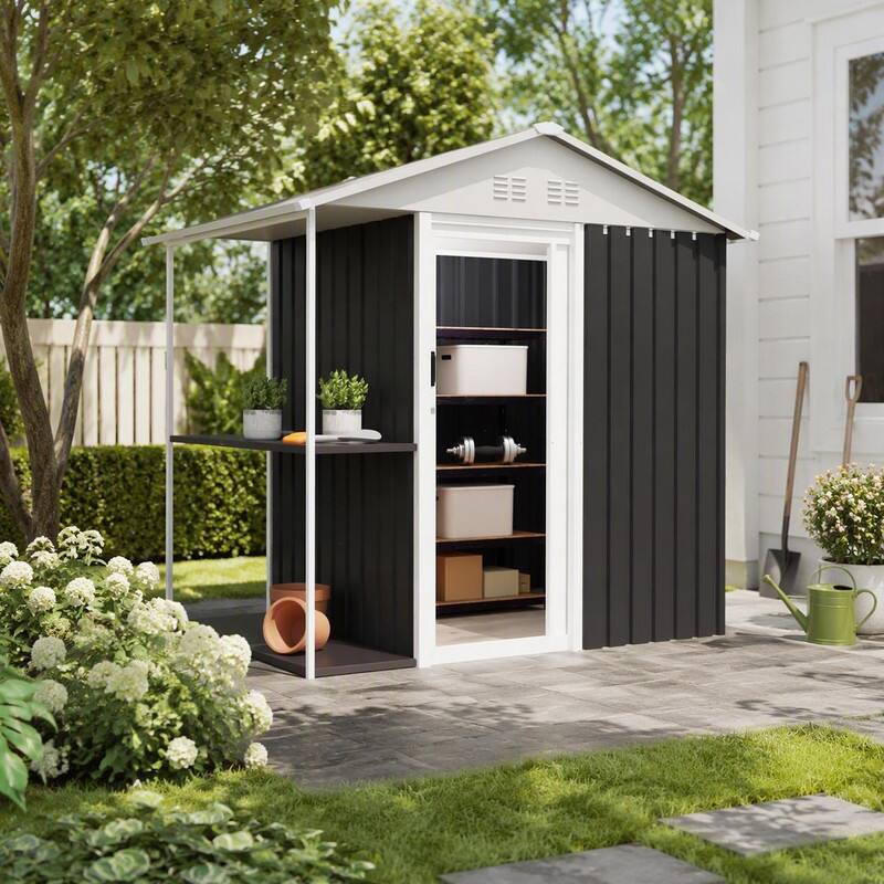 Angle. RYHNUYNE - 6 x 4 FT Outdoor Storage Shed with Storage Shelves & Side Rack,Heavy Garden Tool Shed Bike Cabinet for Backyard - Black.