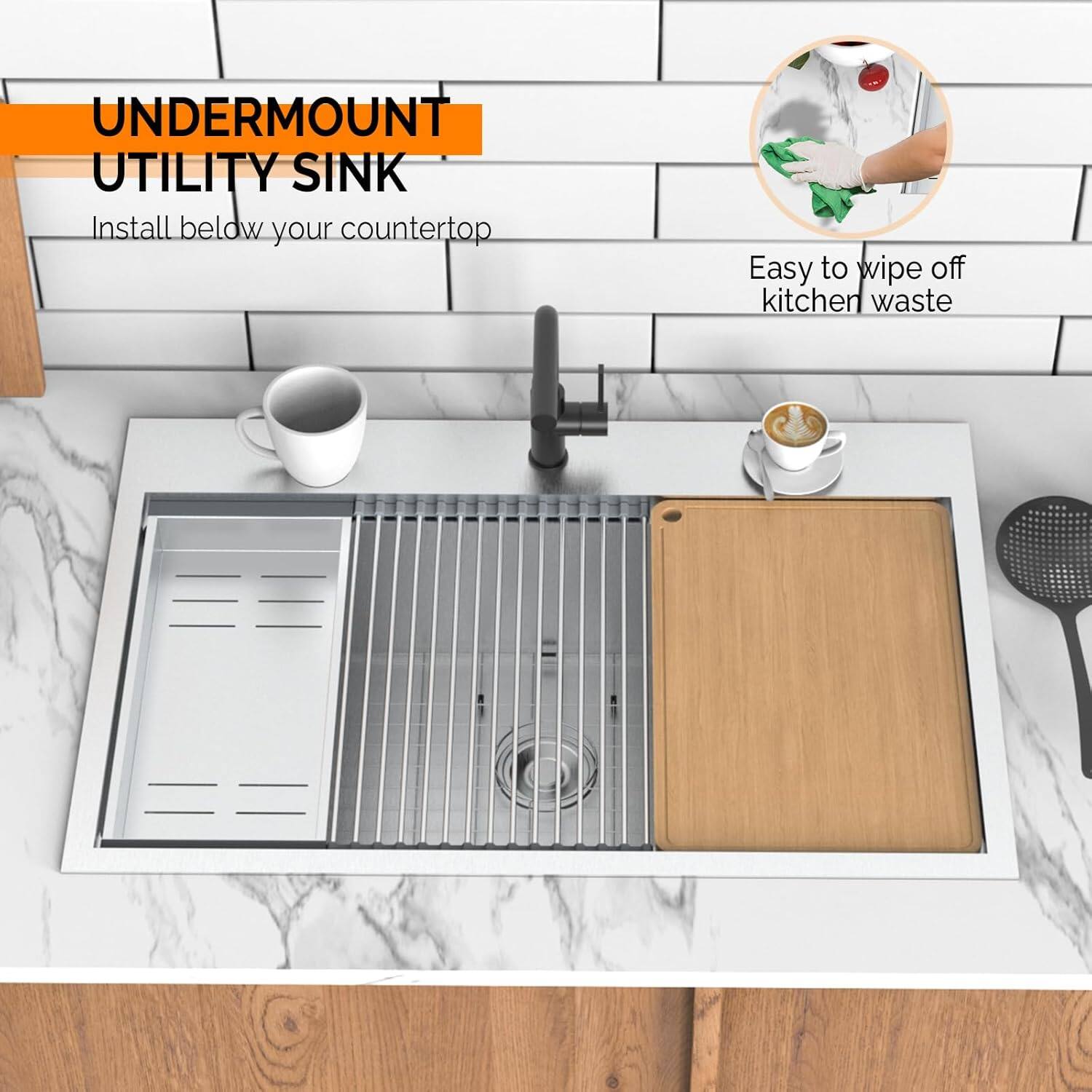 UNDERMOUNT UTILITY SINK  
Install below your countertop  
Easy to wipe off kitchen waste