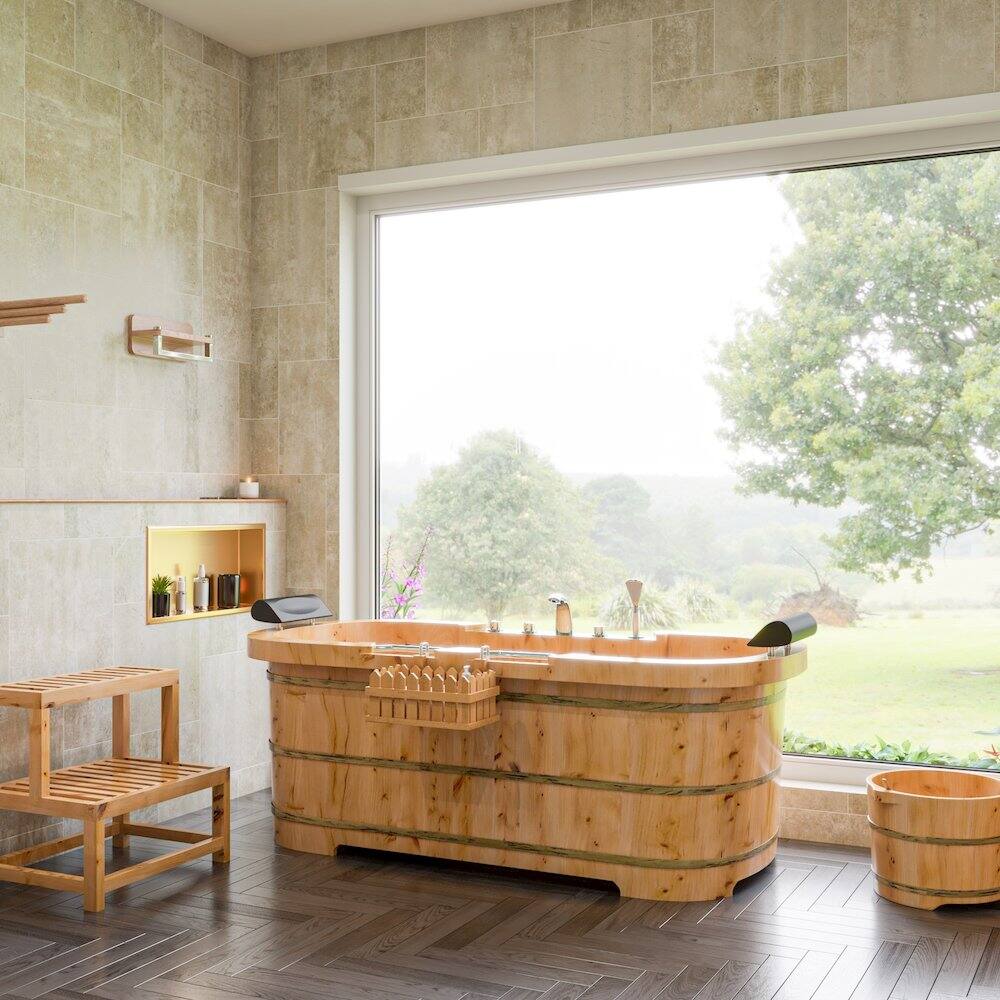 Back. Alfi - Round Wooden Cedar Foot Soaking Tub - Natural Wood.