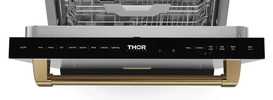 The text on the image reads: On/Off Auto Heavy ECO Normal Express Rinse Delicate Lightning THOR Delay Sanitize Half Load High Temp Open Dry Start Resume.