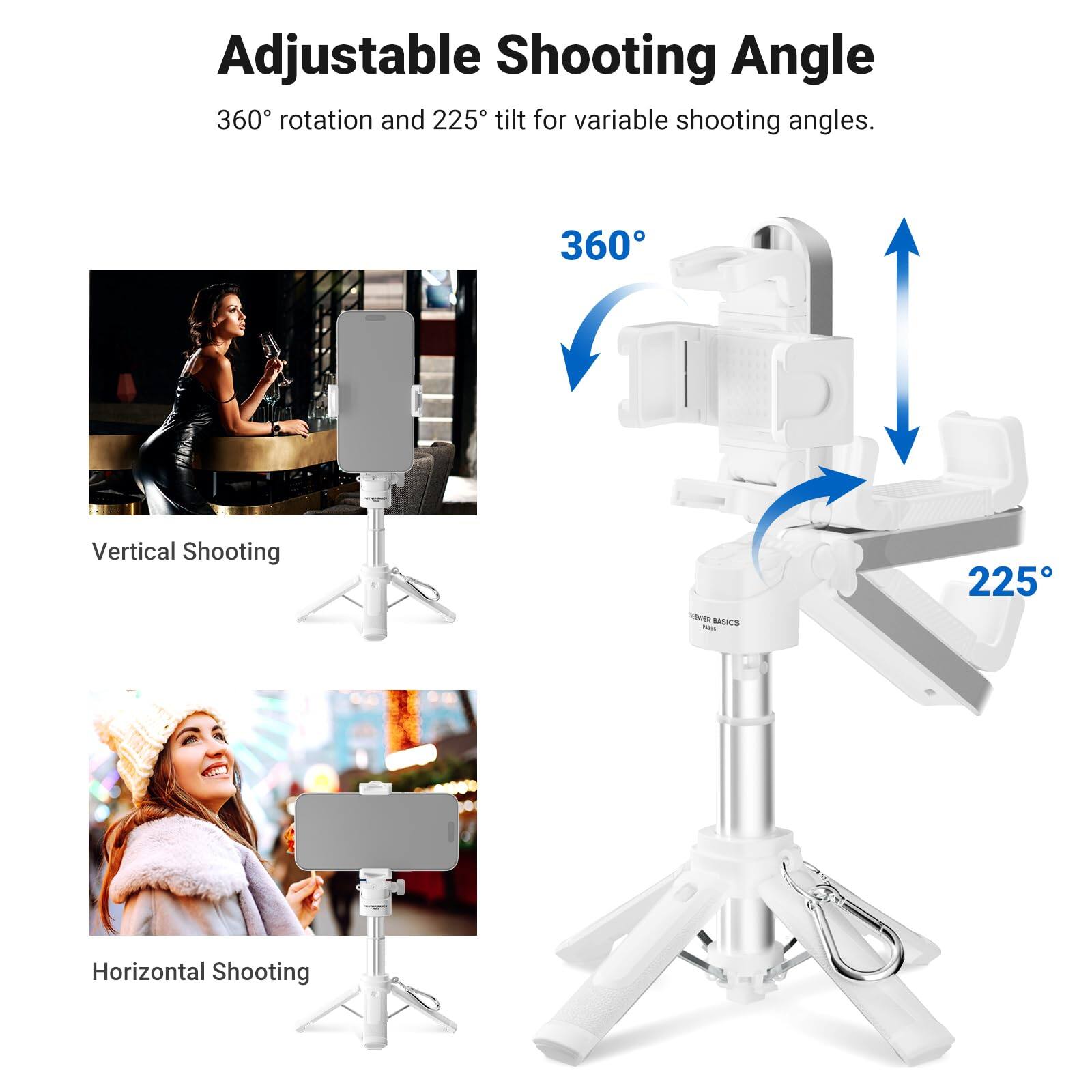 Adjustable Shooting Angle

360° rotation and 225° tilt for variable shooting angles.

360° Vertical Shooting  
225° Horizontal Shooting