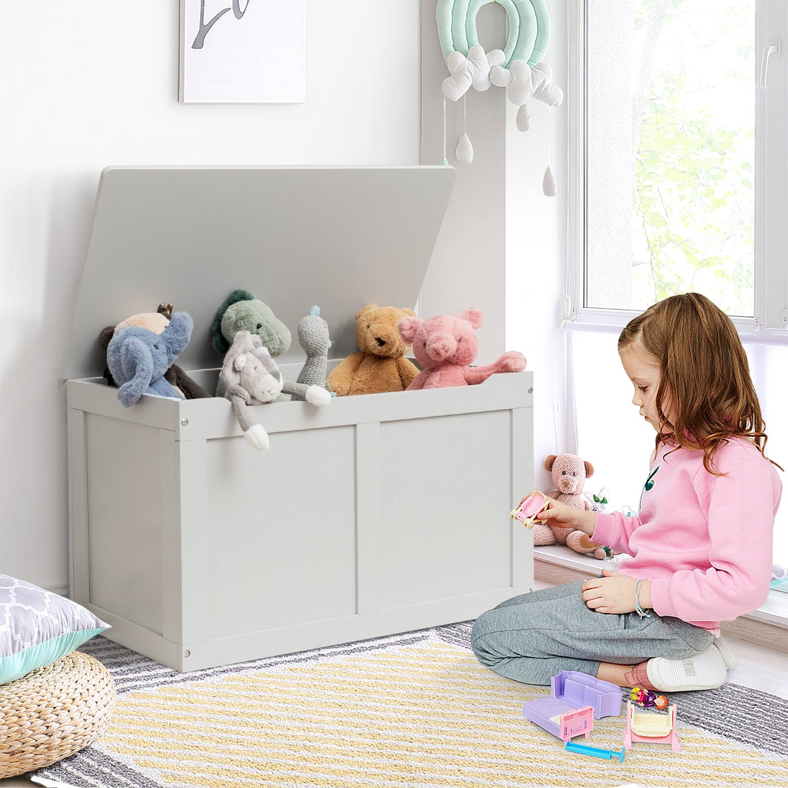 Alt View 1. Costway - Costway Wooden Toy Box Kids Storage Chest Bench W/ Flip-Top Lid & Safety Hinge - Gray.