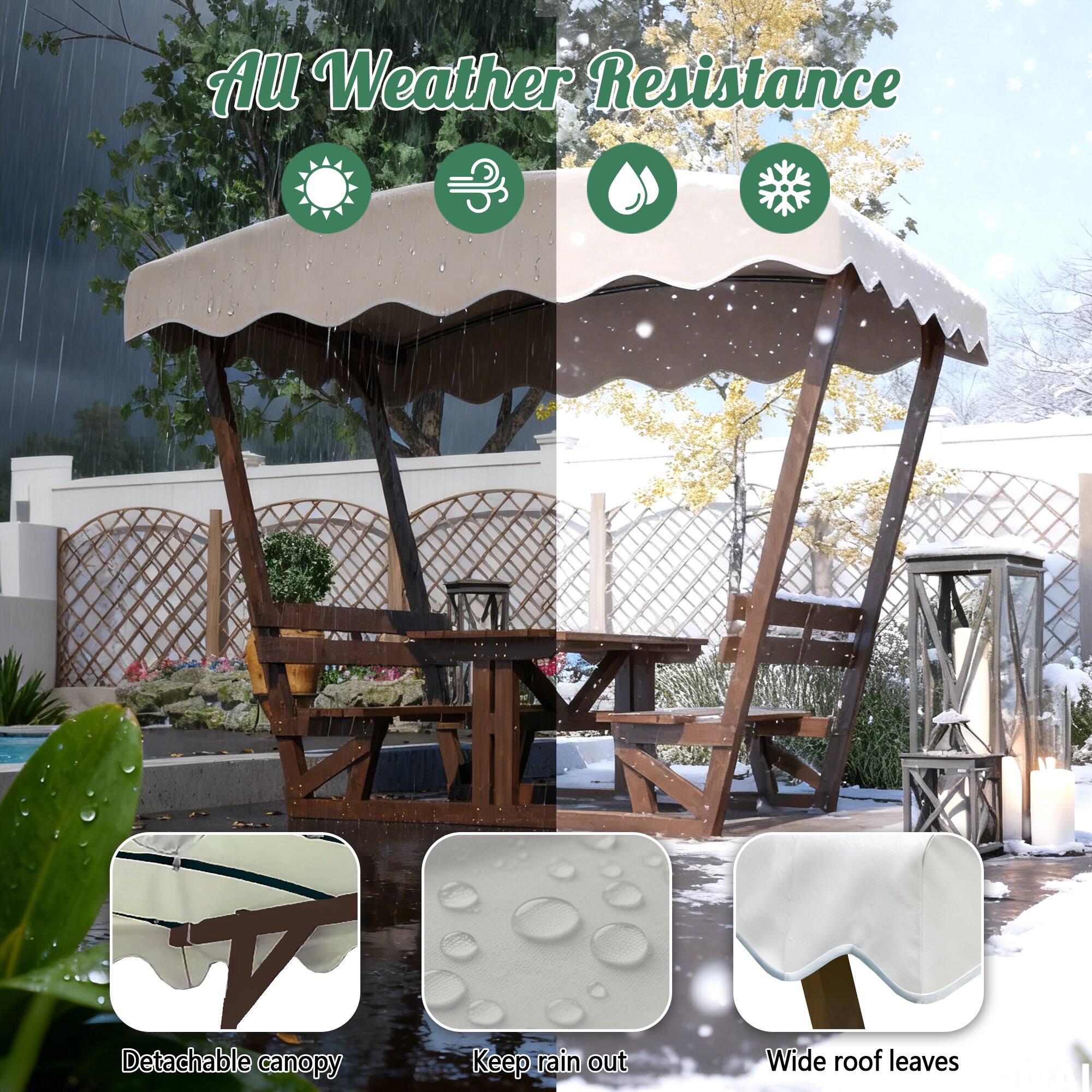 All Weather Resistance  
- Detachable canopy  
- Keep rain out  
- Wide roof leaves