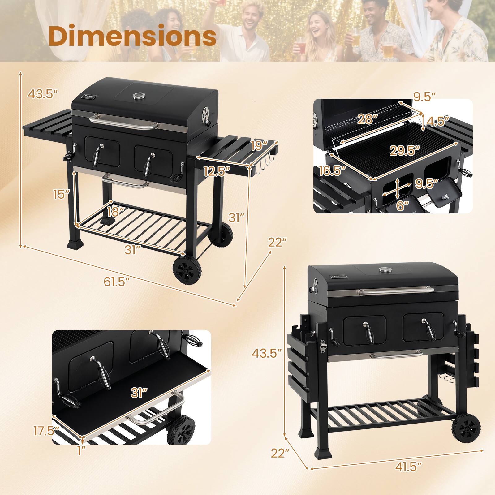 Dimensions: 43.5" x 9.5" x 28" x 4.5" x 15" x 18" x 19" x 12.5" x 31" x 16.5" x 29.5" x 9.5" x 6" x 31" x 22" x 61.5" x 43.5" x 31" x 17.5" x 1" x 22" x 41.5"