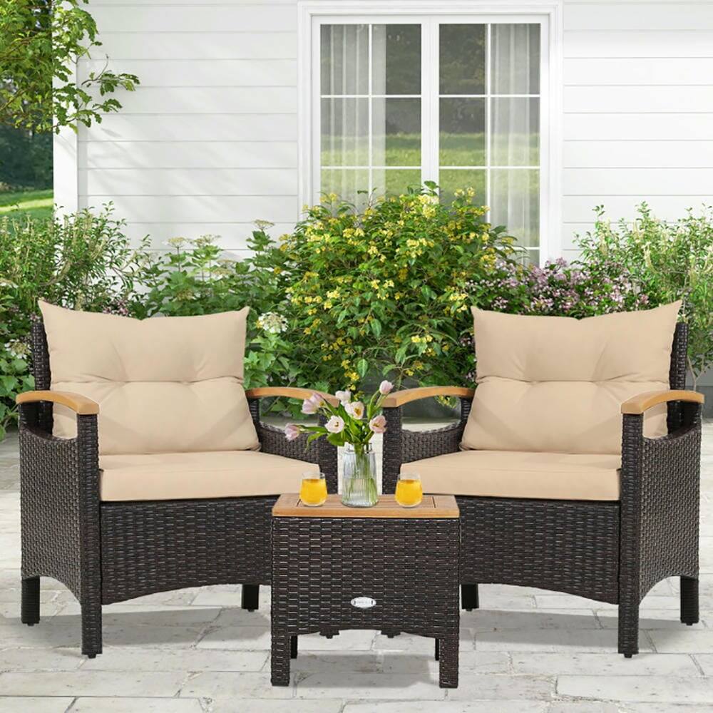 Angle. Pefilos - 3 Pieces Patio Rattan Furniture Set, Cozy Seat with Removable Cushions, Practical Side Coffee Patio Coffee Table - Brown.