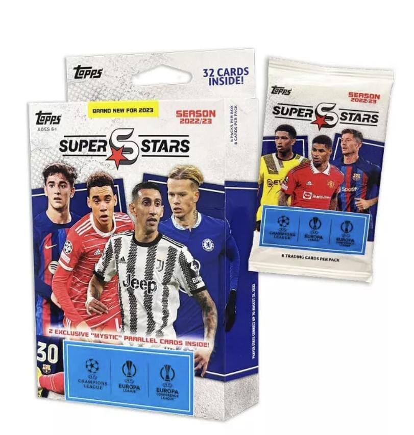 Topps 32 Cards Inside! Lepps Season 2022/23 Brand New For 2023 Super Stars 2022/23 Pack. 64 Cards - Super Stars 2N. Ages 6+. 8 Trading Cards Per Pack. 2 Exclusive "Mystic" Parallel Cards Inside! 30 Champions League Europa League.
