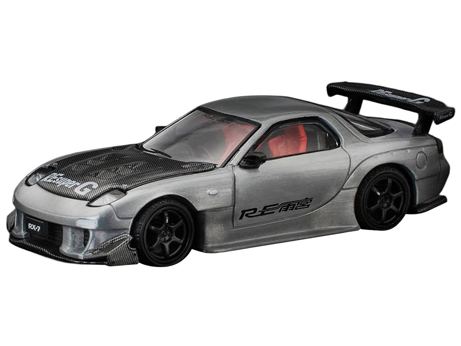 Angle. Pop Race - Mazda RX-7 RE-Amemiya RHD (Right Hand Drive) Silver Metallic with Carbon Hood Japan Minicar a Gogo Exclusive 1/64 & - Silver Metallic with Carbon.