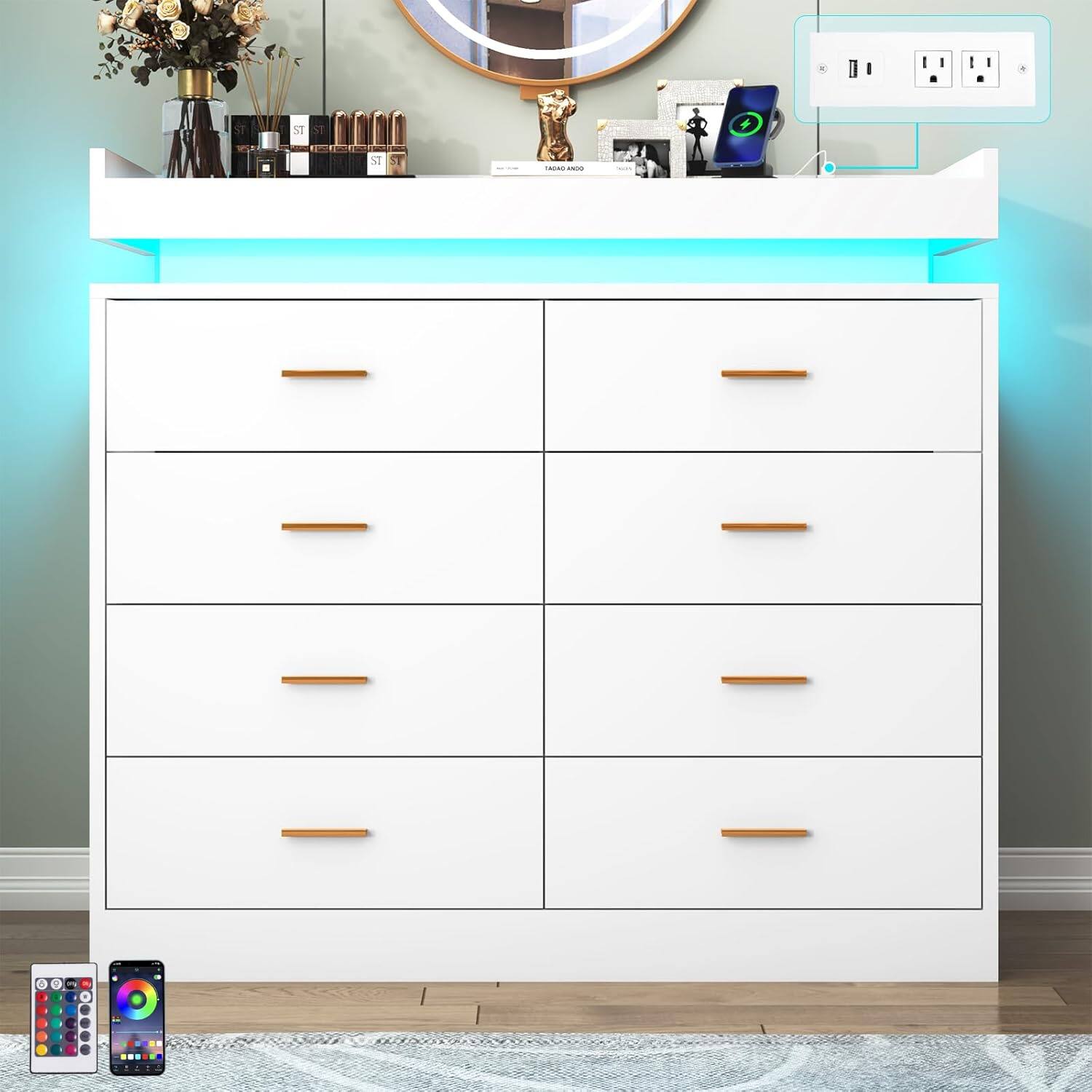 Left. Espafurni - 8 - Drawer Dresser with LED Light & Charging Station - Modern Chest for Bedroom, Living Room, Entryway & Hallway - White.