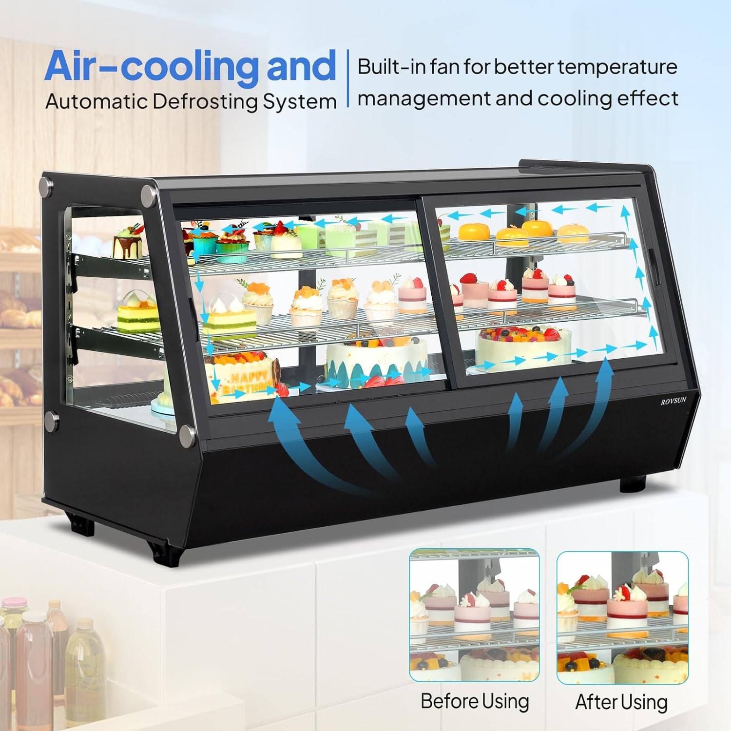 Air-cooling and Automatic Defrosting System  
Built-in fan for better temperature management and cooling effect  

Before Using  
After Using