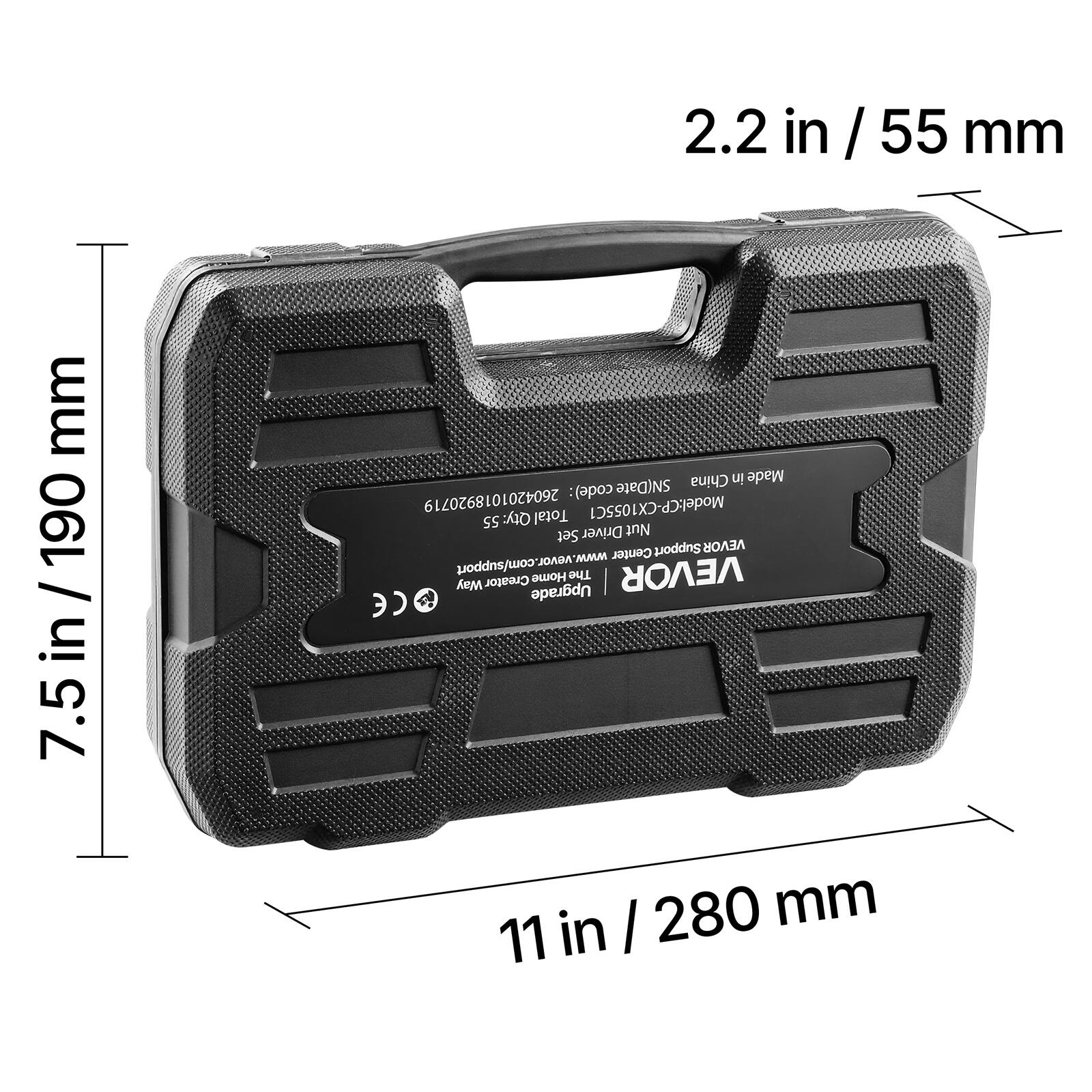2.2 in / 55 mm  
7.5 in / 190 mm  
11 in / 280 mm  

Made in China  

Model: CP-CX1055C1  
Serial Number: 2604201018920719  

VEVOR  
www.vevor.com/support