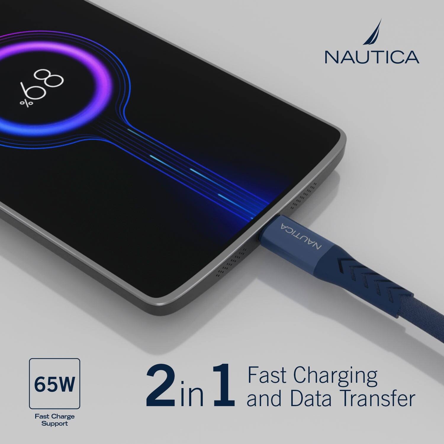 The text on the image reads: "NAUTICA 68W Fast Charge Support Fast Charging 2 in 1 and Data Transfer."