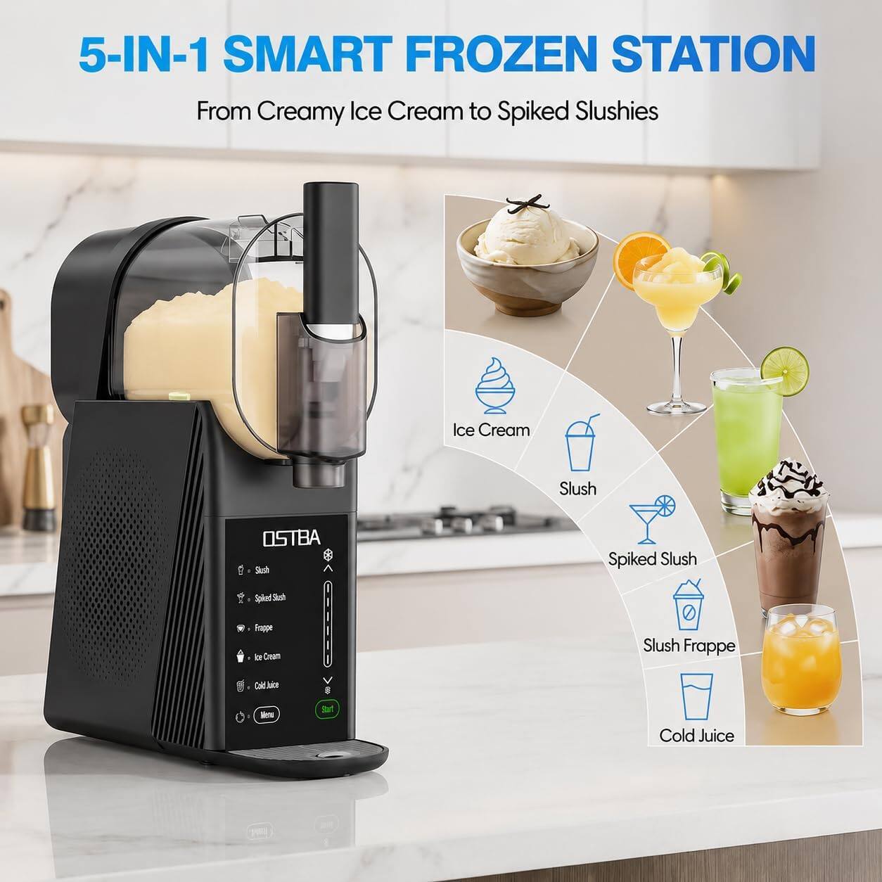 5-IN-1 SMART FROZEN STATION  
From Creamy Ice Cream to Spiked Slushies  

Ice Cream  
Slush  
Spiked Slush  
Slush Frappe  
Cold Juice