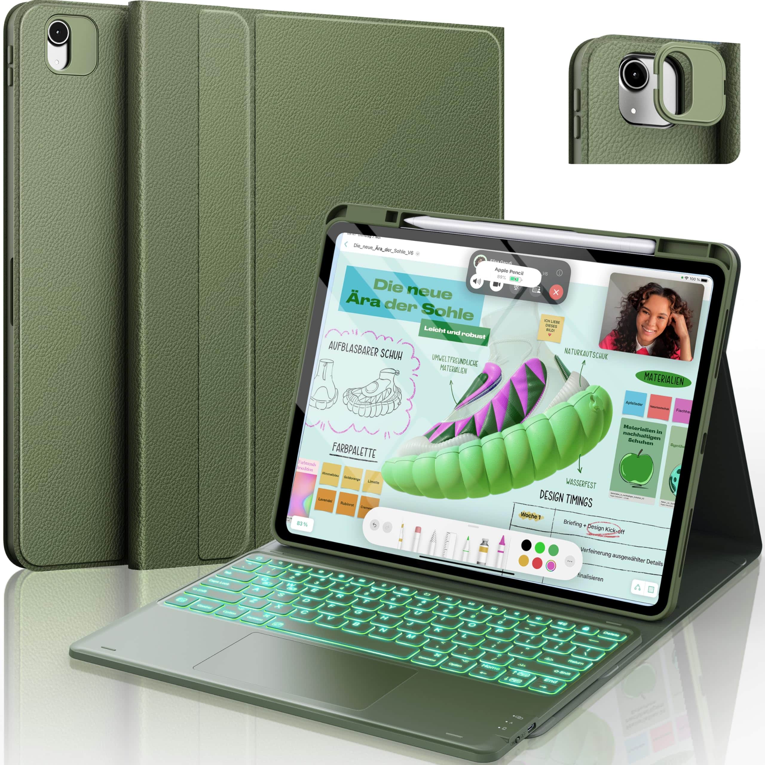 Pacoar Cade - Ultra Light Ipad Air 13 Inch Case Keyboard(m3 2025 / M2 2024)- Magnetic Detachable 7 Colors Backlit Multi-touch - Olive Green-For iPad Air 13/Pro 12.9