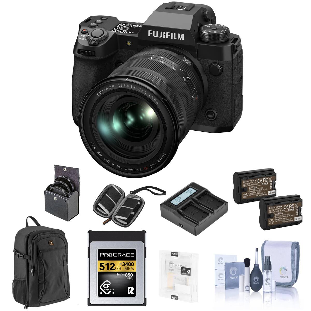 Bundle - Fujifilm - X-H2 Camera with XF 16-80mm f/4.0 R OIS WR Lens with 512GB CFexpress Card, 2x Extra Battery, Charger,