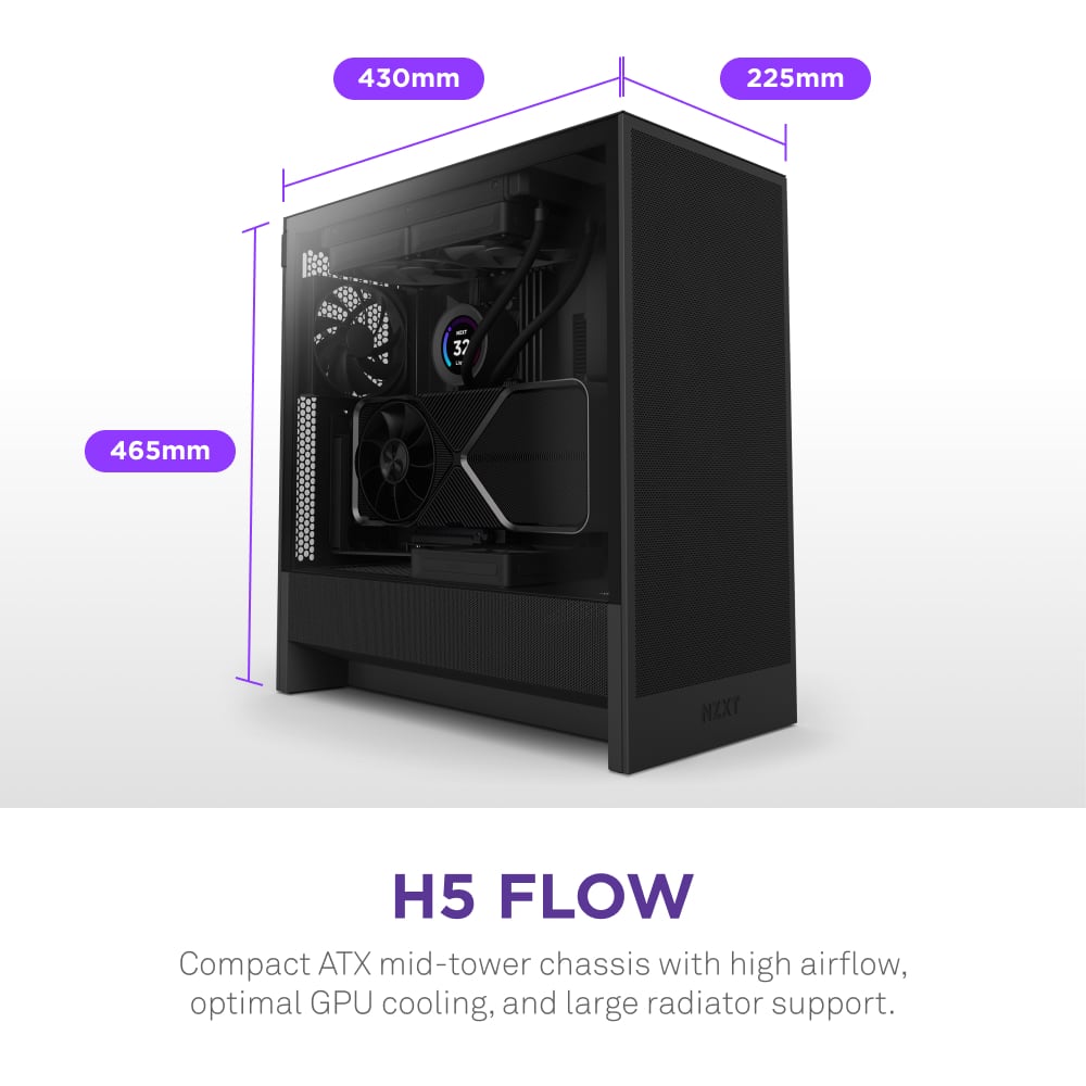 The text on the image reads: "430mm 225mm 37 465mm NZXT H5 FLOW Compact ATX mid-tower chassis with high airflow, optimal GPU cooling, and large radiator support."