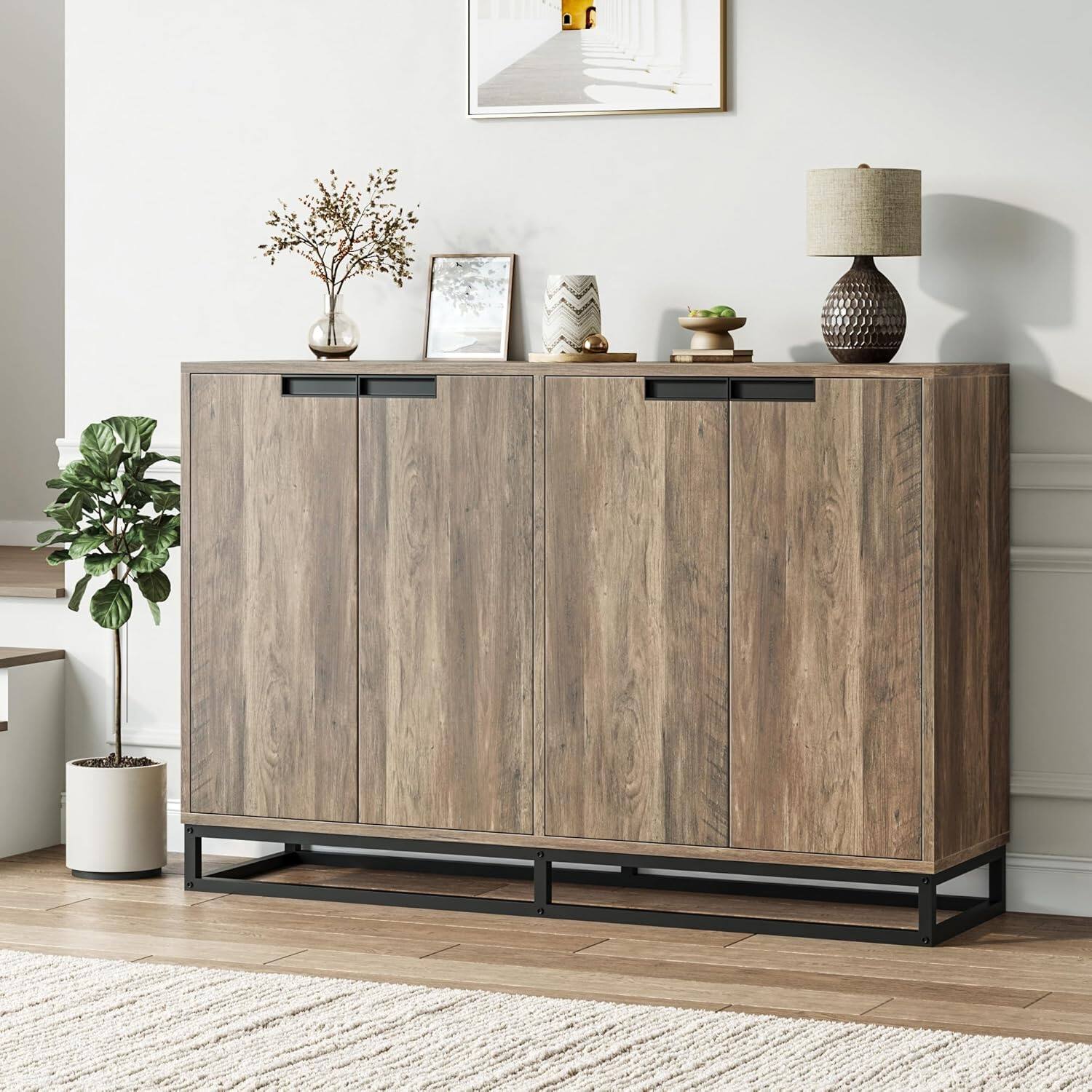 Front. Acekool - 55" Buffet Storage Cabinet, Modern Sideboard Credenza with 4 Doors & Shelves, Metal Base, Coffee Bar, Grey - Gray.