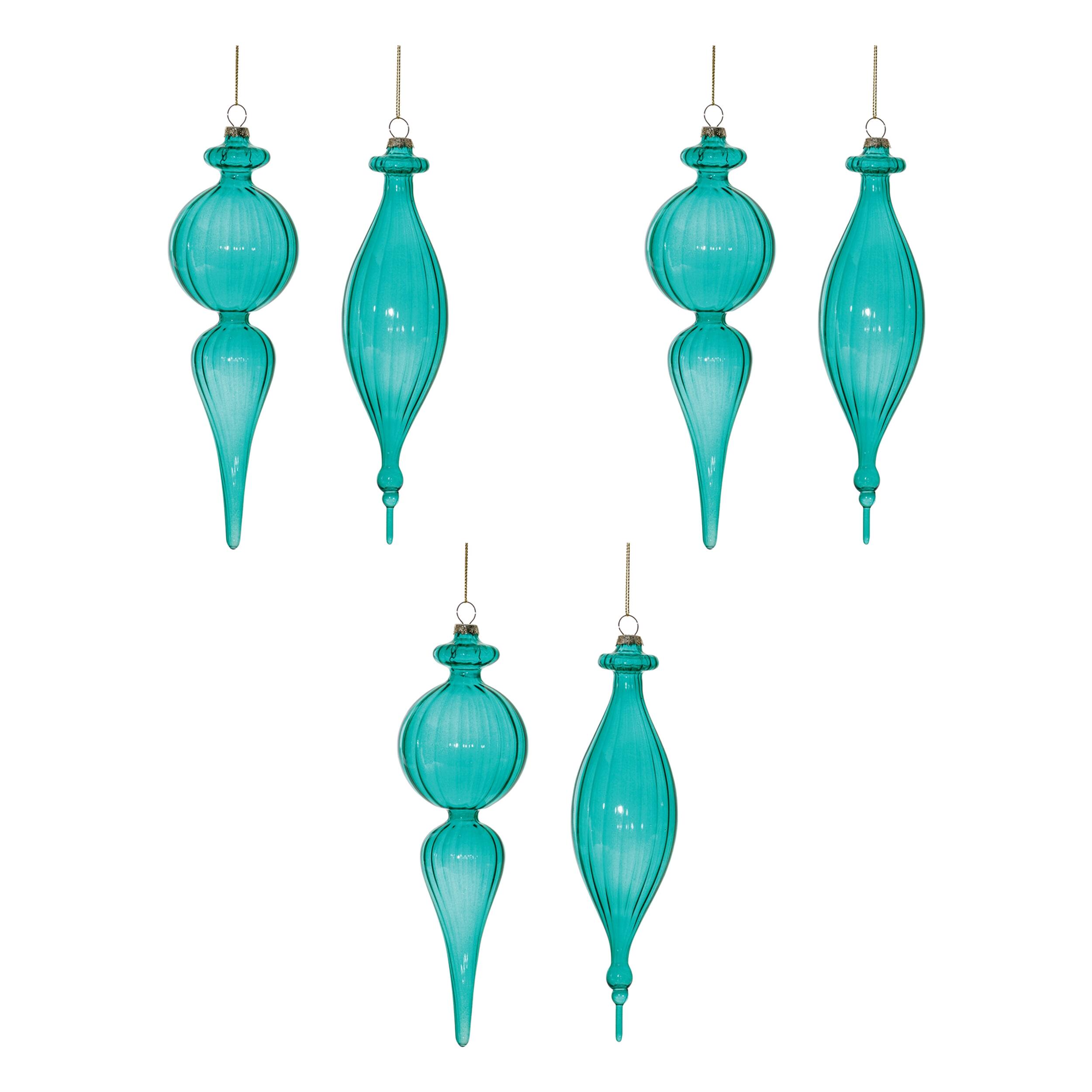 Left. BreeBe - Blue Ribbed Glass Finial Drop Ornament (Set of 6) - Blue.