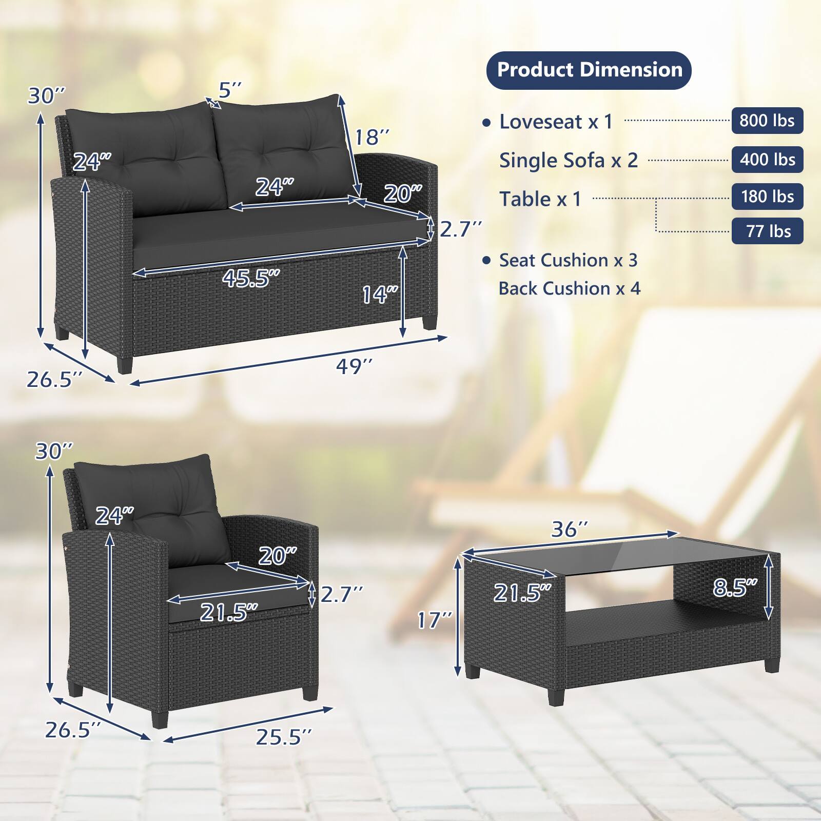 30" 24"  
5" 24" 45.5"  
Product Dimension  
Loveseat X 1 18"  
Single Sofa X 2 20"  
Table X 1 2.7"  
Seat Cushion X 3 14"  
Back Cushion X 4  
800 lbs 400 lbs 180 lbs 77 lbs  
26.5"  
49"  
30"  
24"  
20" 2.7" 21.5"  
17"  
36" 21.5"  
8.5"  
26.5"  
25.5"