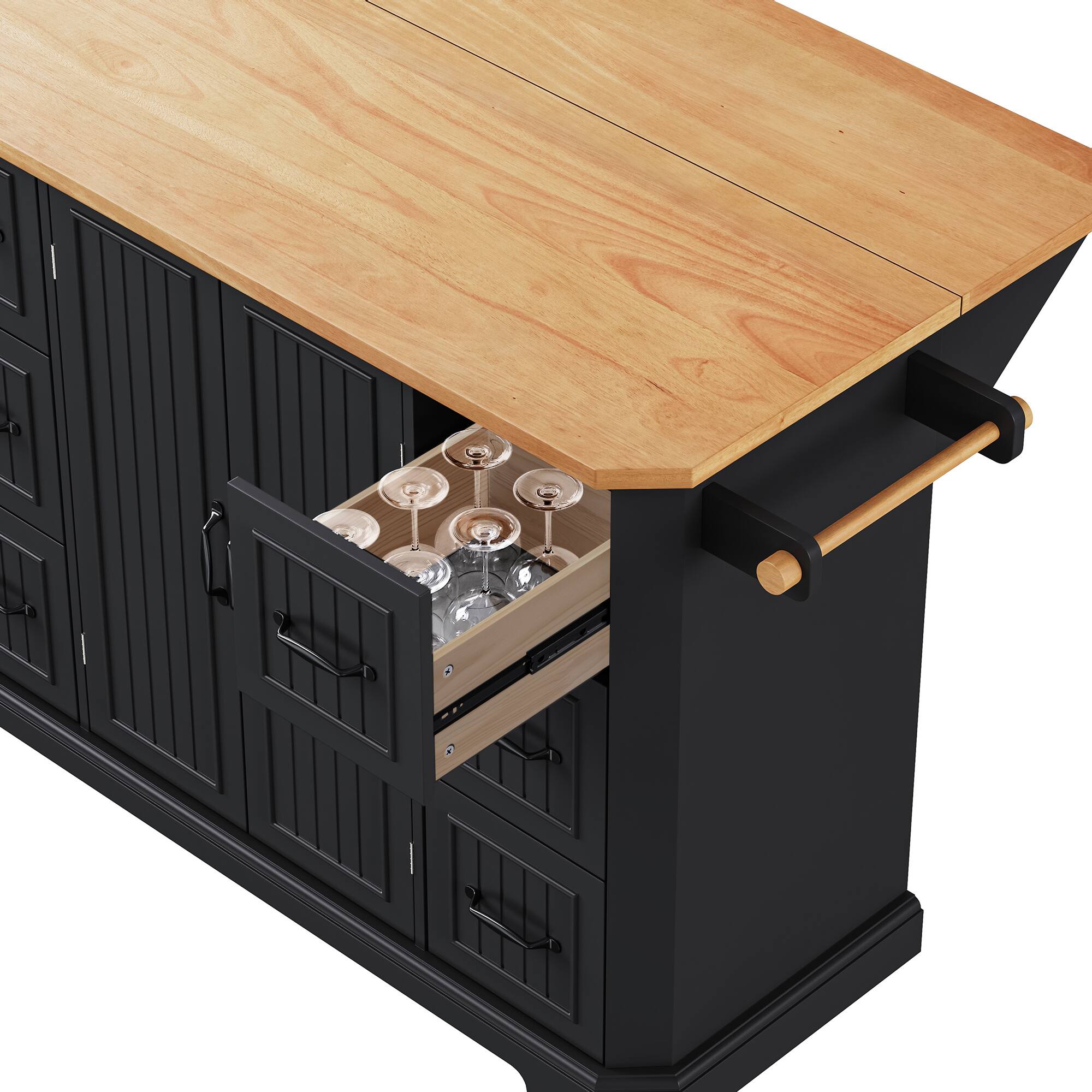 Alt View 8. PexFix - 56" Kitchen Island with Power Outlet & Drop Leaf - Rolling Cart with 6 Deep Drawers, 4-Door Shelves & Rubber Wood Top - Black.