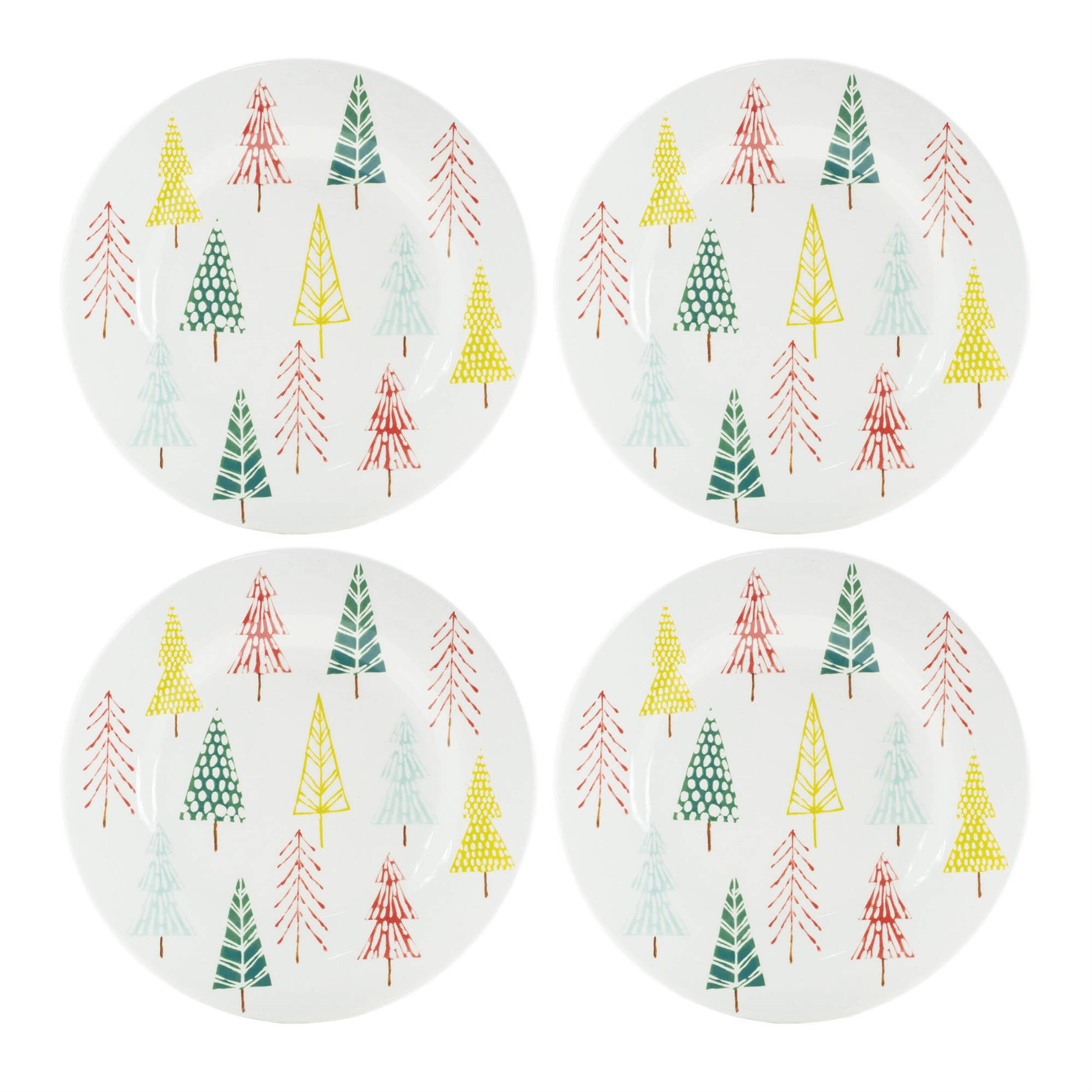 Angle. BreeBe - Ceramic Pine Tree Print Plate (Set of 4) - White, Green, Red.