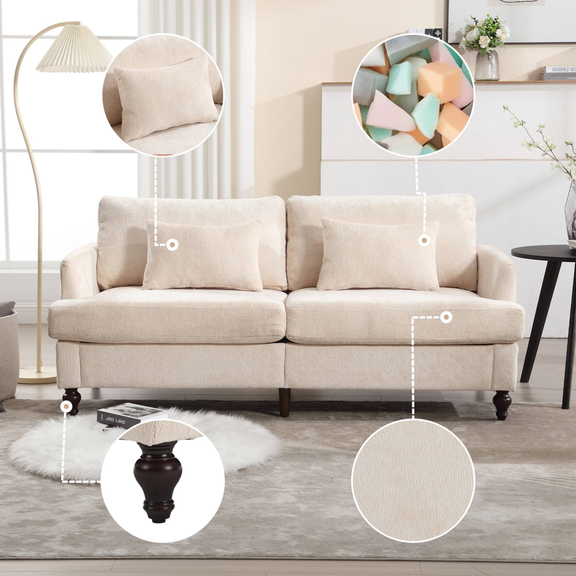 GOODSILO - Modern Upholstered Loveseat Sofa with Chenille Fabric and Solid Wood Frame for Living Room and Bedroom - Beige