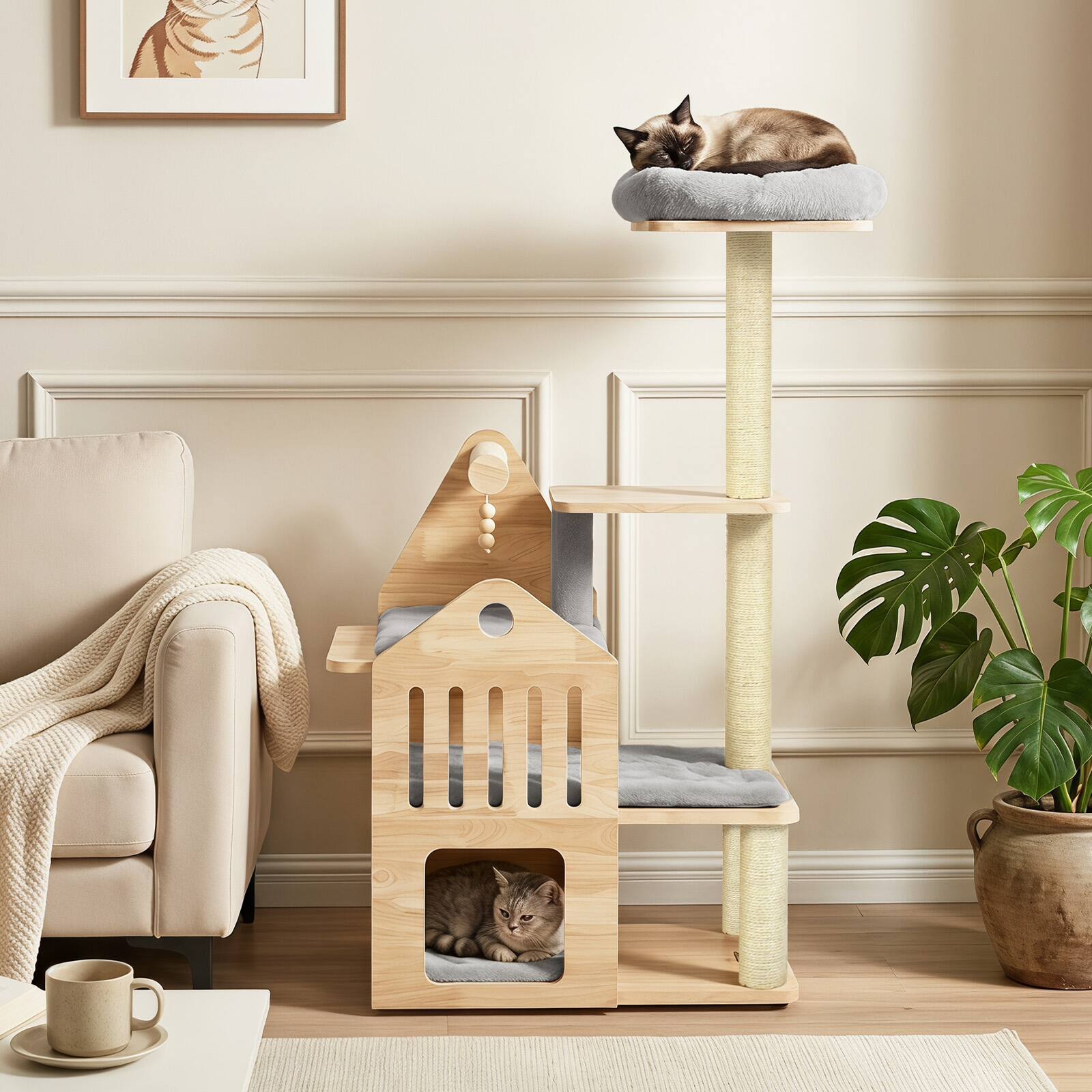 Alt View 4. Gymax - Gymax 48.5''Multi-Level Solid Wood Cat Tree Padded Top Perch Cat Condo Wooden Balls Natural & Grey - Gray.