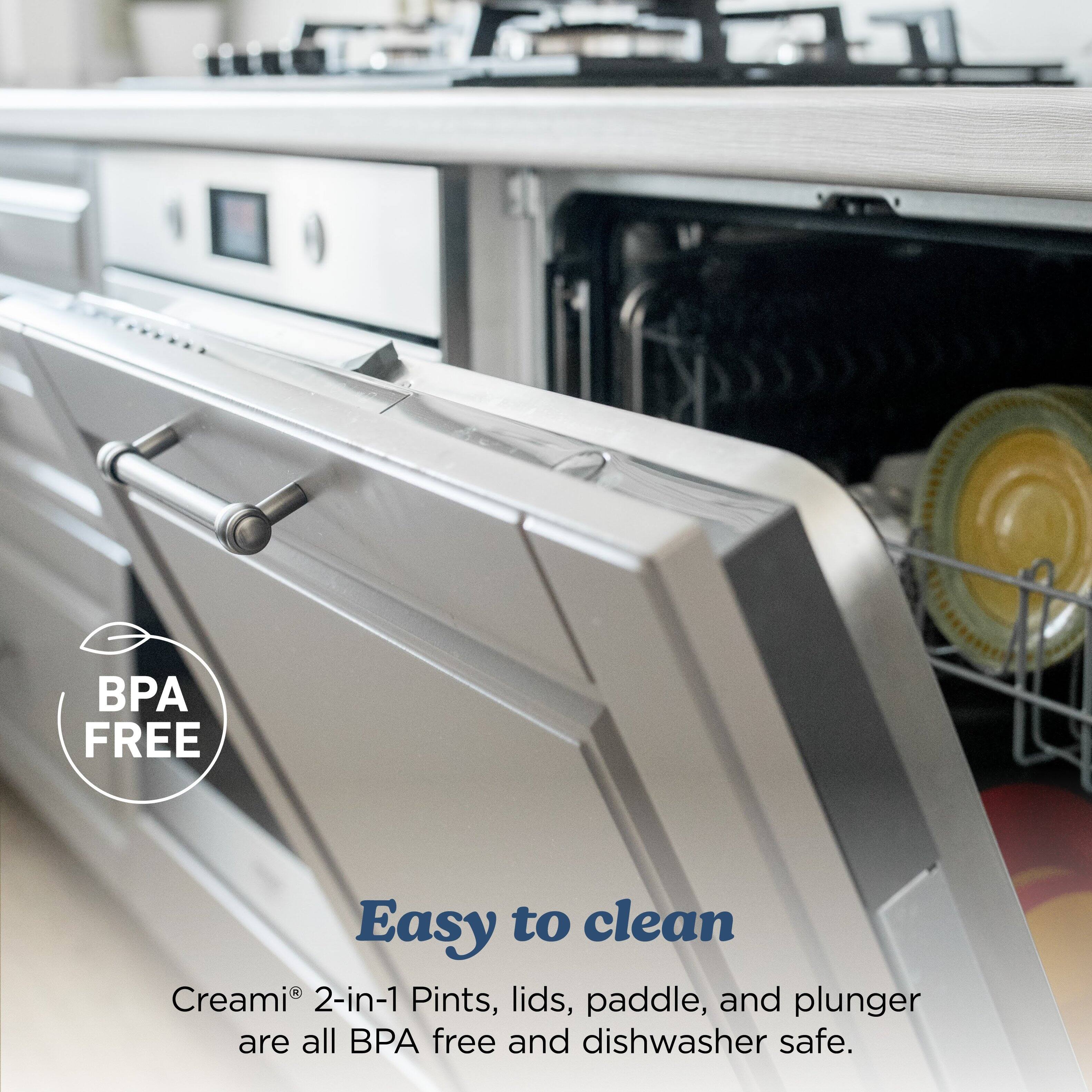 BPA FREE Easy to clean Creami 2-in-1 Pints, lids, paddle, and plunger are all BPA free and dishwasher safe.