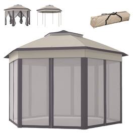 Outsunny - x 13' Pop Up Gazebo Hexagonal Canopy Shelter with 6 Zippered Mesh Netting for Patio Backyard Garden Wedding - Coffee and Beige