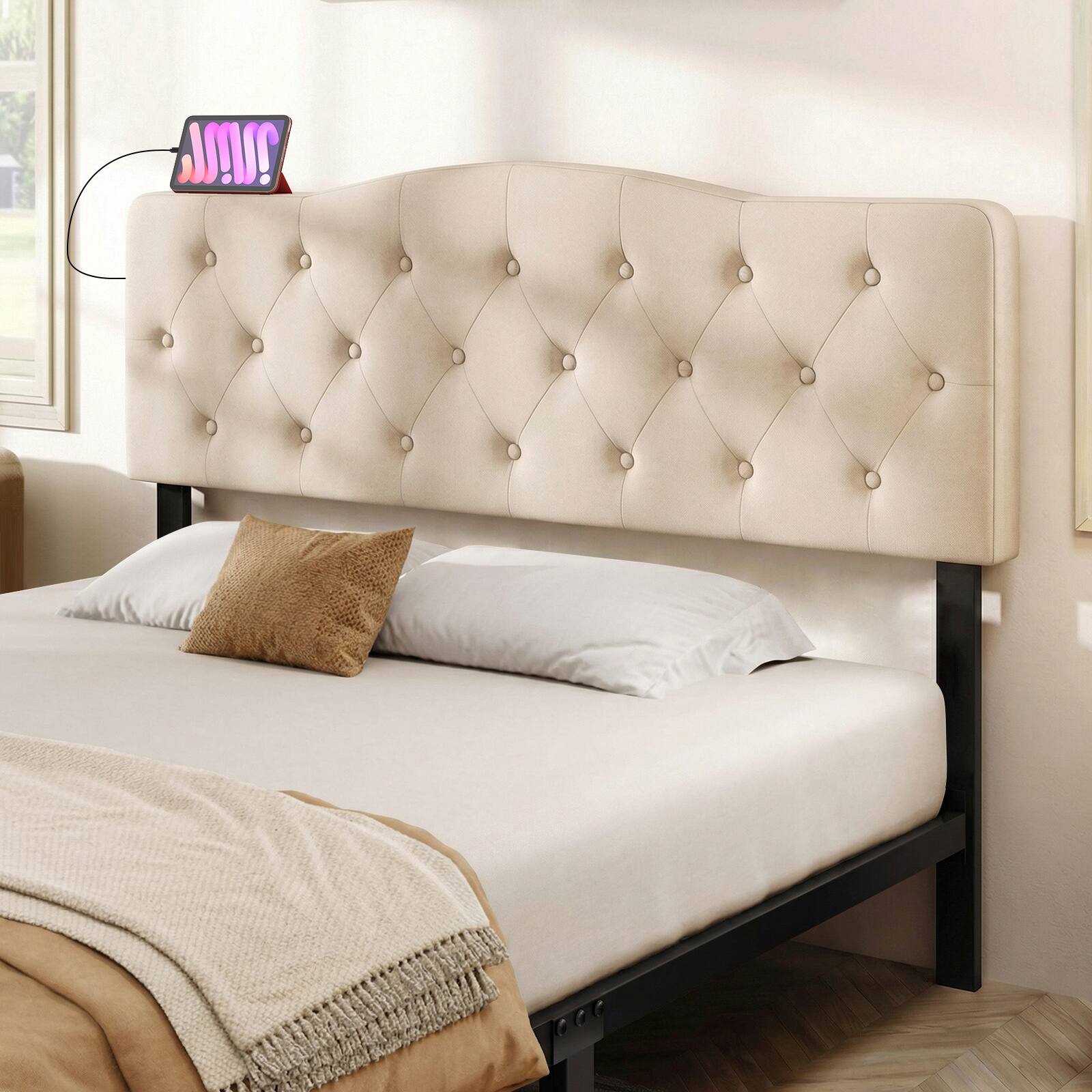 Alt View 1. Gymax - Gymax Headboard for Queen & Full Size Bed Tufted Upholstered Head Board w/2AC Outlets Beige - Beige.