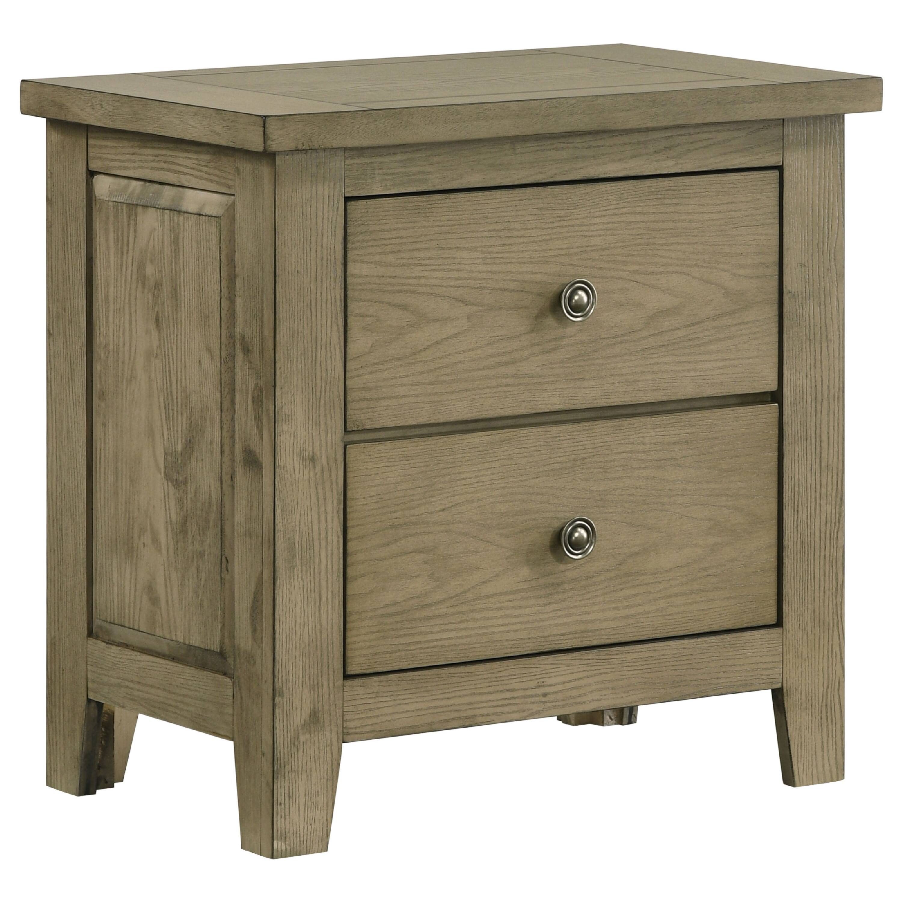 Front. Manhattan Lane - Hazel Nightstand, 2 Drawers, Antique Nickel Knobs, Wood 25 Inch - Vineyard Oak Brown.