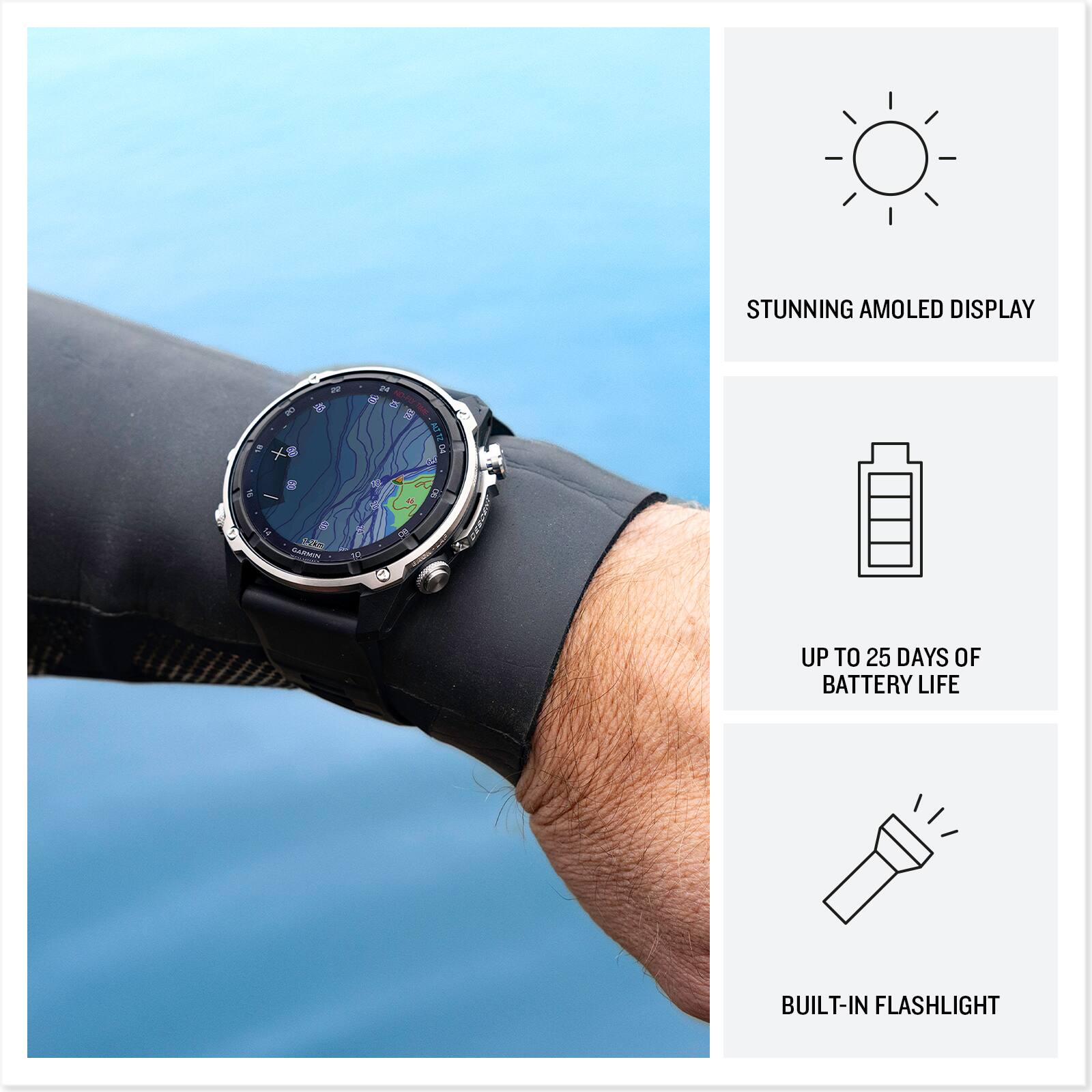 STUNNING AMOLED DISPLAY  
UP TO 25 DAYS OF BATTERY LIFE  
BUILT-IN FLASHLIGHT