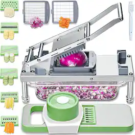PARKER SLATER - All-in-1 Vegetable Chopper with 8 Blades, Mandoline Slicer, Onion Chopper, Potato Dicer, Cheese Grater, Stainless Steel - Light Green