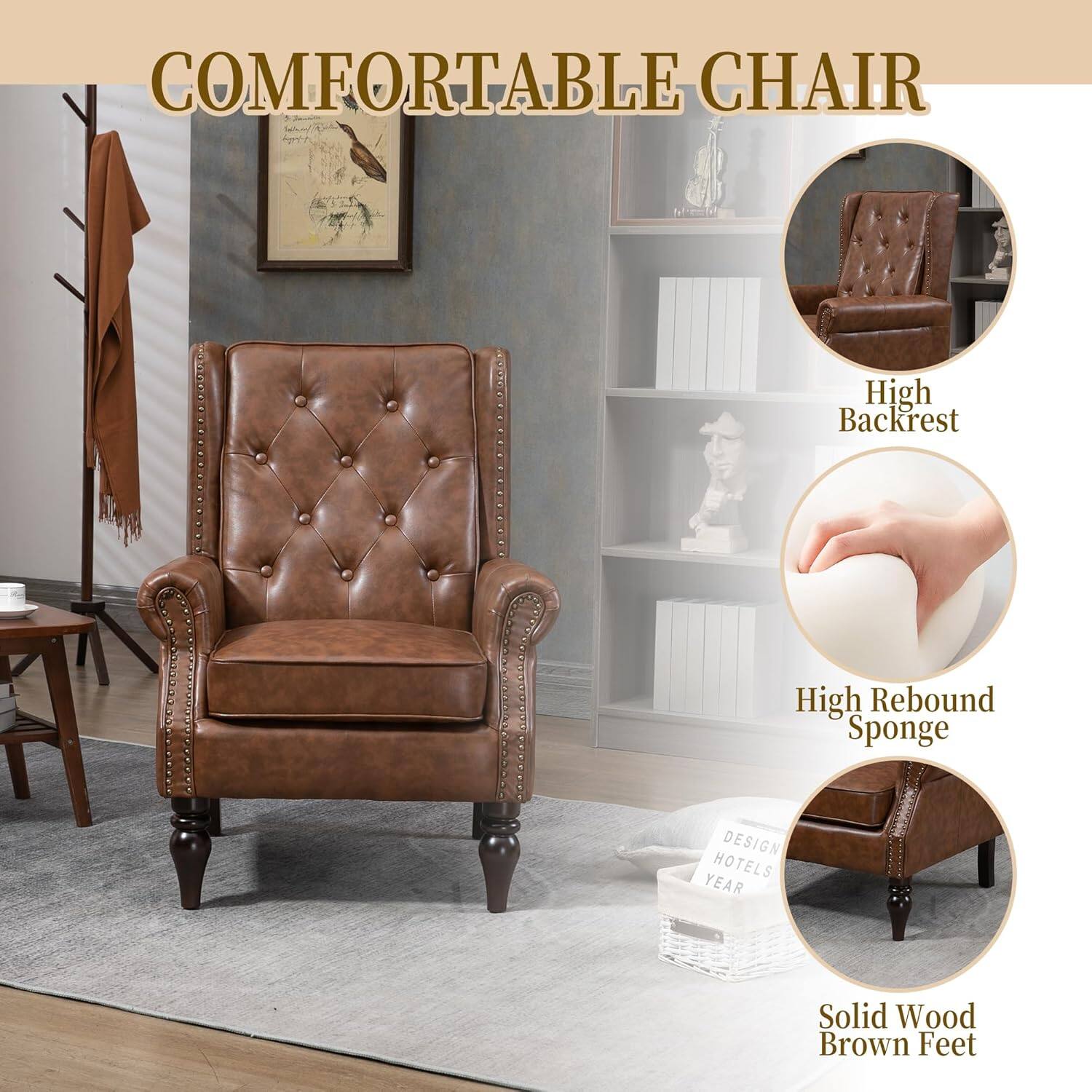 COMFORTABLE CHAIR

- High Backrest
- High Rebound Sponge
- Solid Wood Brown Feet