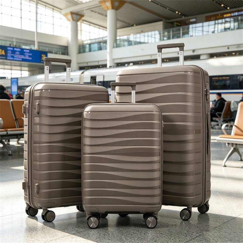 Angle. HTUTWOO - PP Travel Luggage Set 3 Piece - 20/24/28 Inch TSA Lock Suitcase with 360° Spinner Wheels, Lightweight Hardside Carry On - Light Brown.