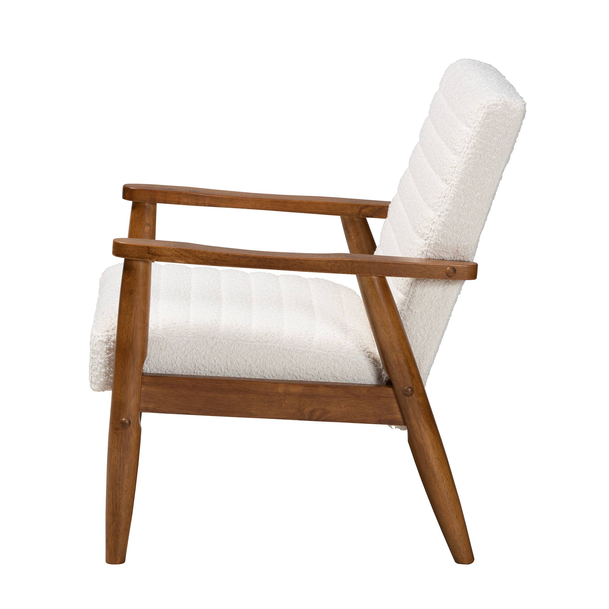 Left. Baxton Studio - Stratton Mid-Century Modern Boucle Fabric and Walnut Finished Wood Armchair - Cream/Walnut Brown.