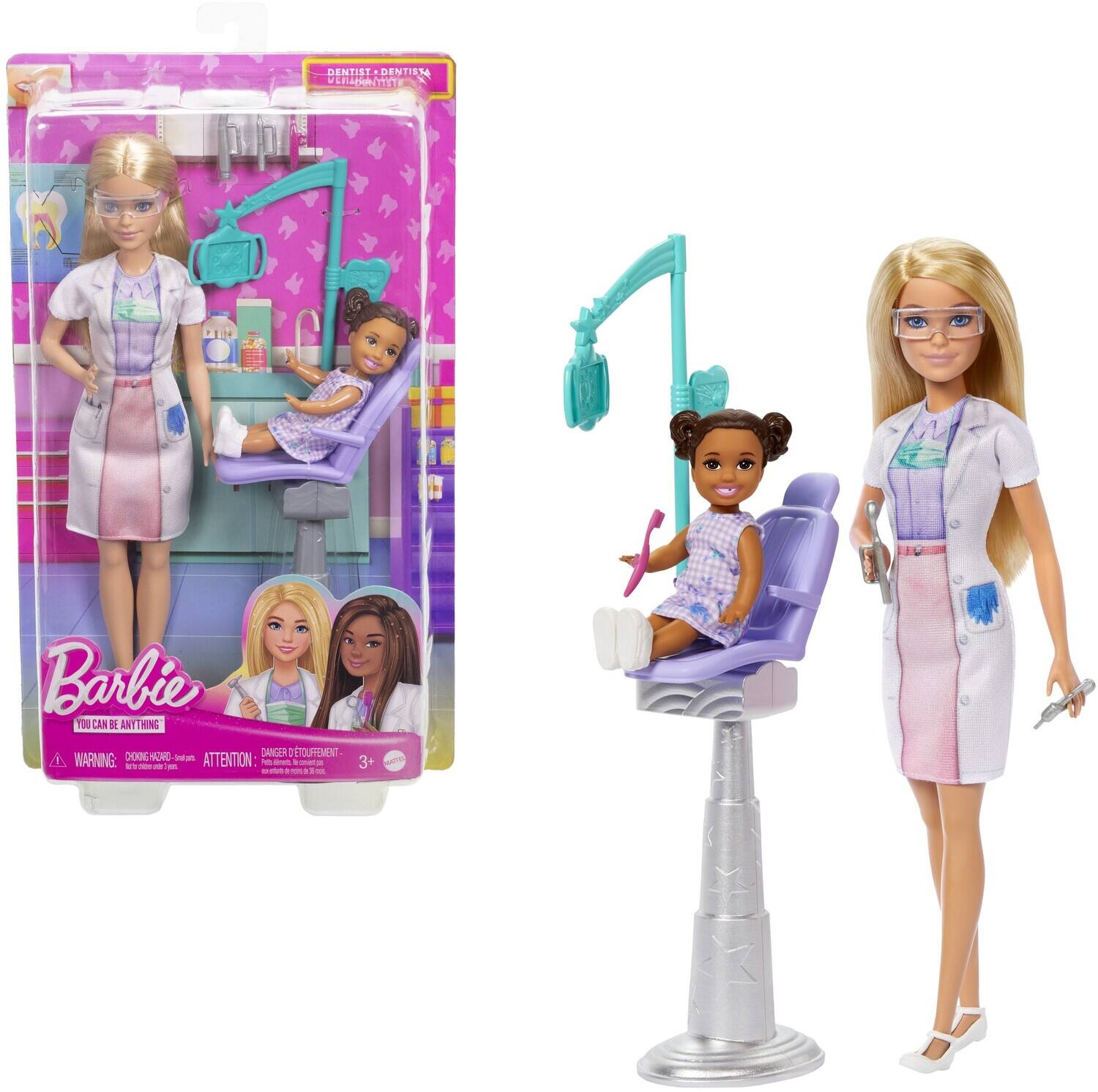 Barbie  
YOU CAN BE ANYTHING  

DENTIST - DENTISTE  
DENTISTE - DENTISTE  

WARNING: CHOKING HAZARD - Small parts. Not for children under 3 years.  
ATTENTION: RISQUE DE SOUFFLENEMENT - Petits morceaux. Ne convient pas aux enfants de moins de 3 ans.  

3+