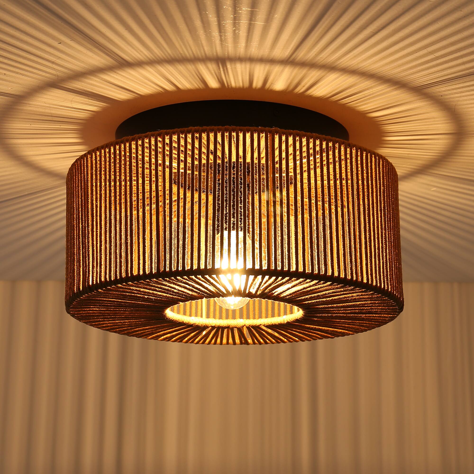 Alt View 2. Parrot Uncle - 14 in. 3-Light Brown Boho Handwoven Cotton shade Semi Flush Mount Ceiling Light - Brown.
